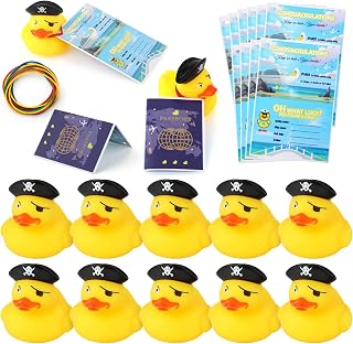 12 Sets Duck Tag Cruise Kits, 12pcs Rubber Cruise Ducks (Pirate Style) and 12pcs Tags with Elastic Rubber Bands, Funny Rubber Ducks for Cruise Ships for Kids Students Party Ducking Games