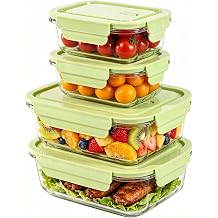 Glass Food Storage Containers with Lids, Airtight Meal Prep Containers, 4 Pack Set with Multiple Sizes Green