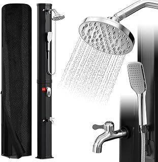 Vkechh Ducha solar de 60 l, cabezal de ducha de lluvia ajustable, grifo de mano, máx. 60 °C, sin conexión de alimentación, con tapón de drenaje de la cubierta protectora, color negro