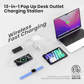VILONG Pop Up Outlet with 15W Wireless Charger,4 USB Ports,8 Outlets,Space-Saving Recessed Design,Pop up Power Outlet for Conference Table,Kitchen Countertop (ETL Listed)
