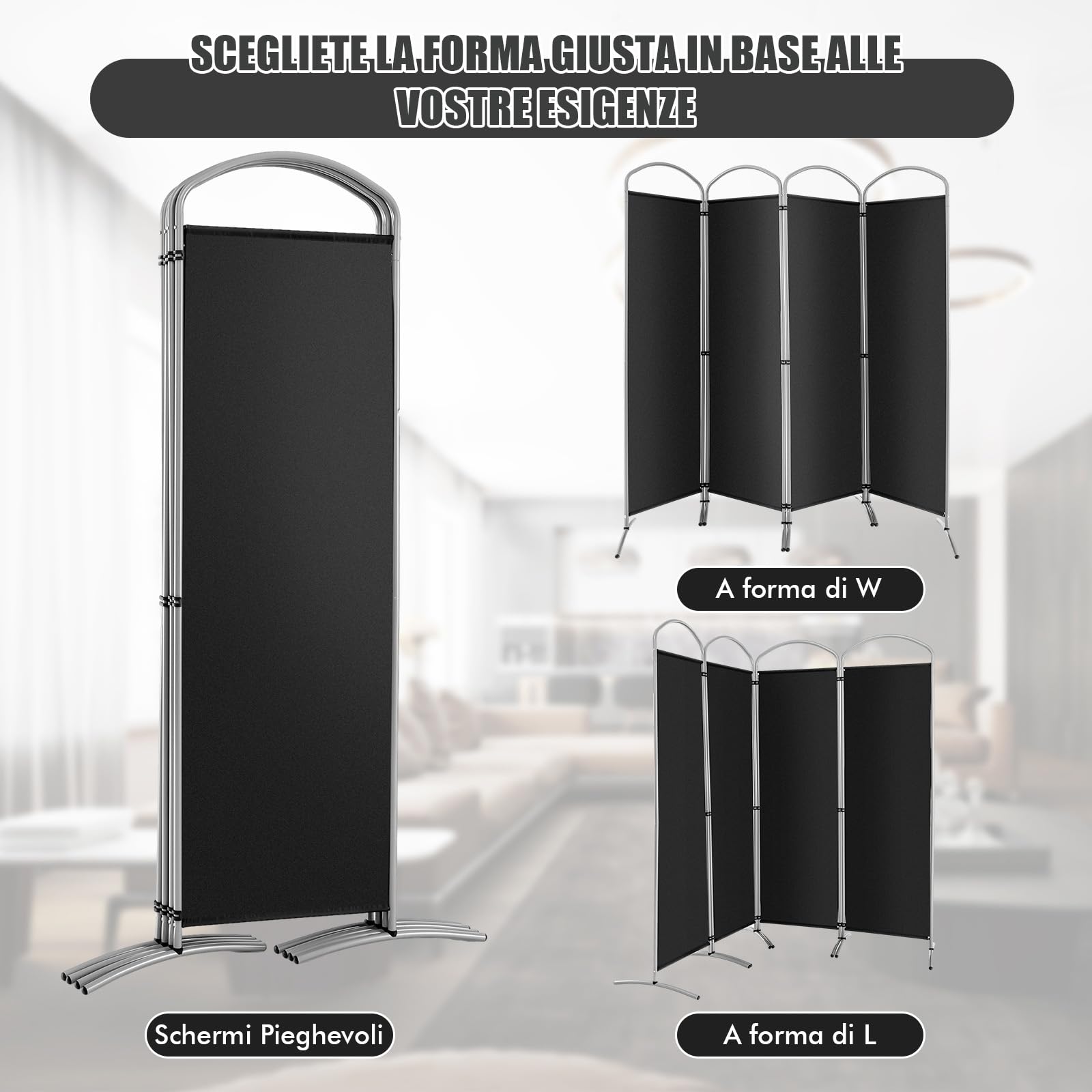COSTWAY Paravento Pieghevole a 4/6 Pannelli, Separé Divisorio Interno ed Esterno, Pannelli Divisori per Camera da Letto, Ufficio e Soggiorno (221 x 188 cm 4 Pannelli, Nero)