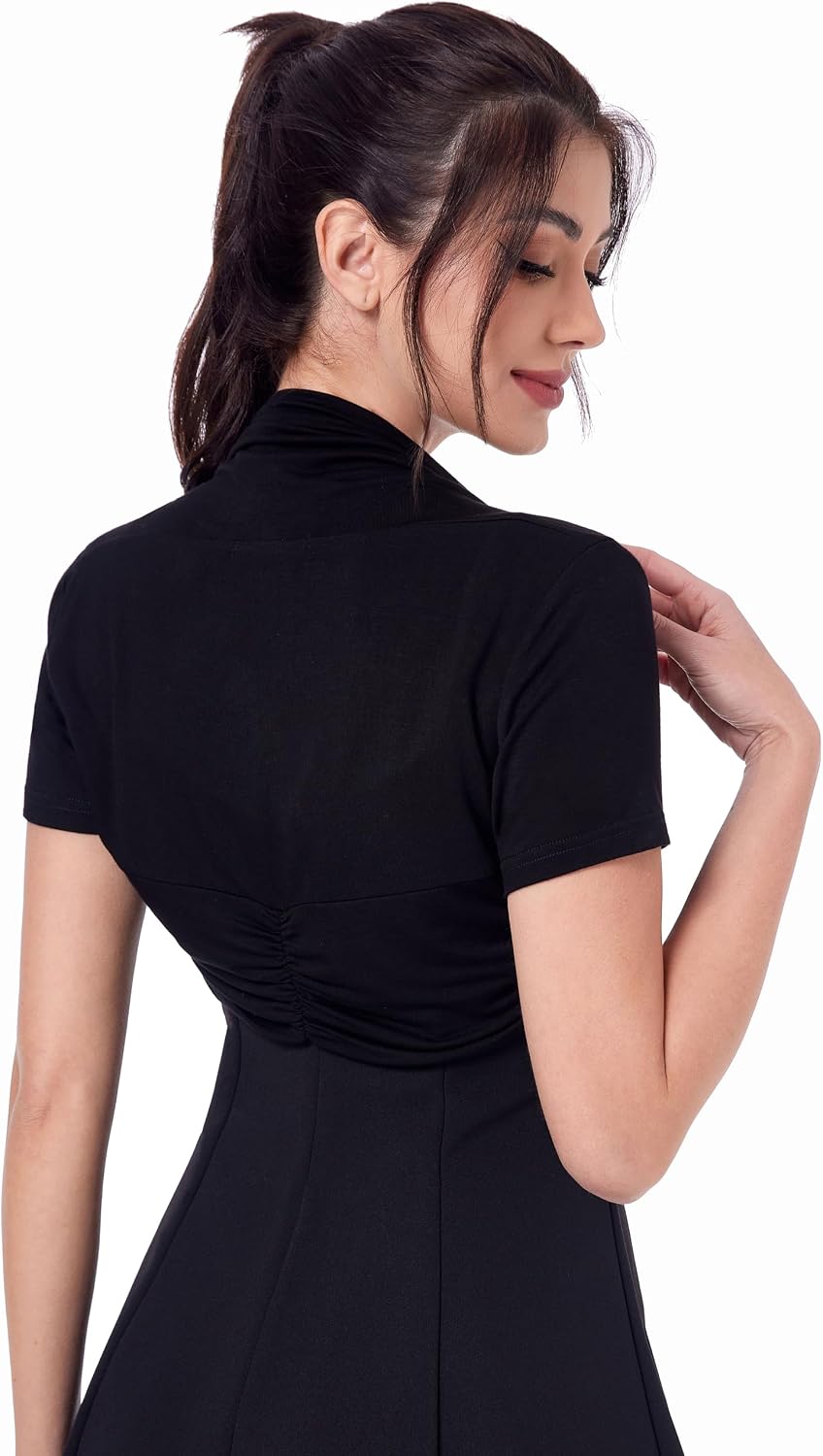 AmélieBoutik Women Short Sleeve Bolero Shrug Open Front Pleated Back Ruched Sides Cropped Cardigan for Dress Casual