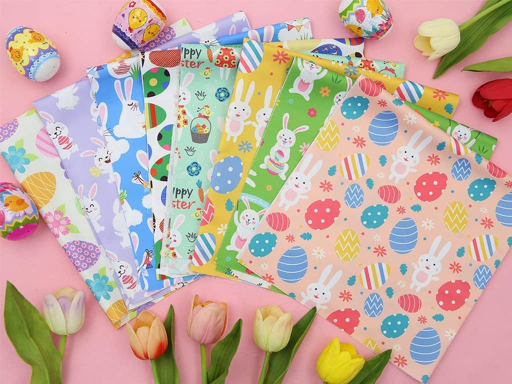 Pack of 8 Easter Fat Squares Polyester Fabric Sheets Bundles, 20" x 20", Assorted 8 Patterns Bunny Chicken Printed Patchwork Fabric Squares Material for Quilting Sewing DIY Craft Projects image 5