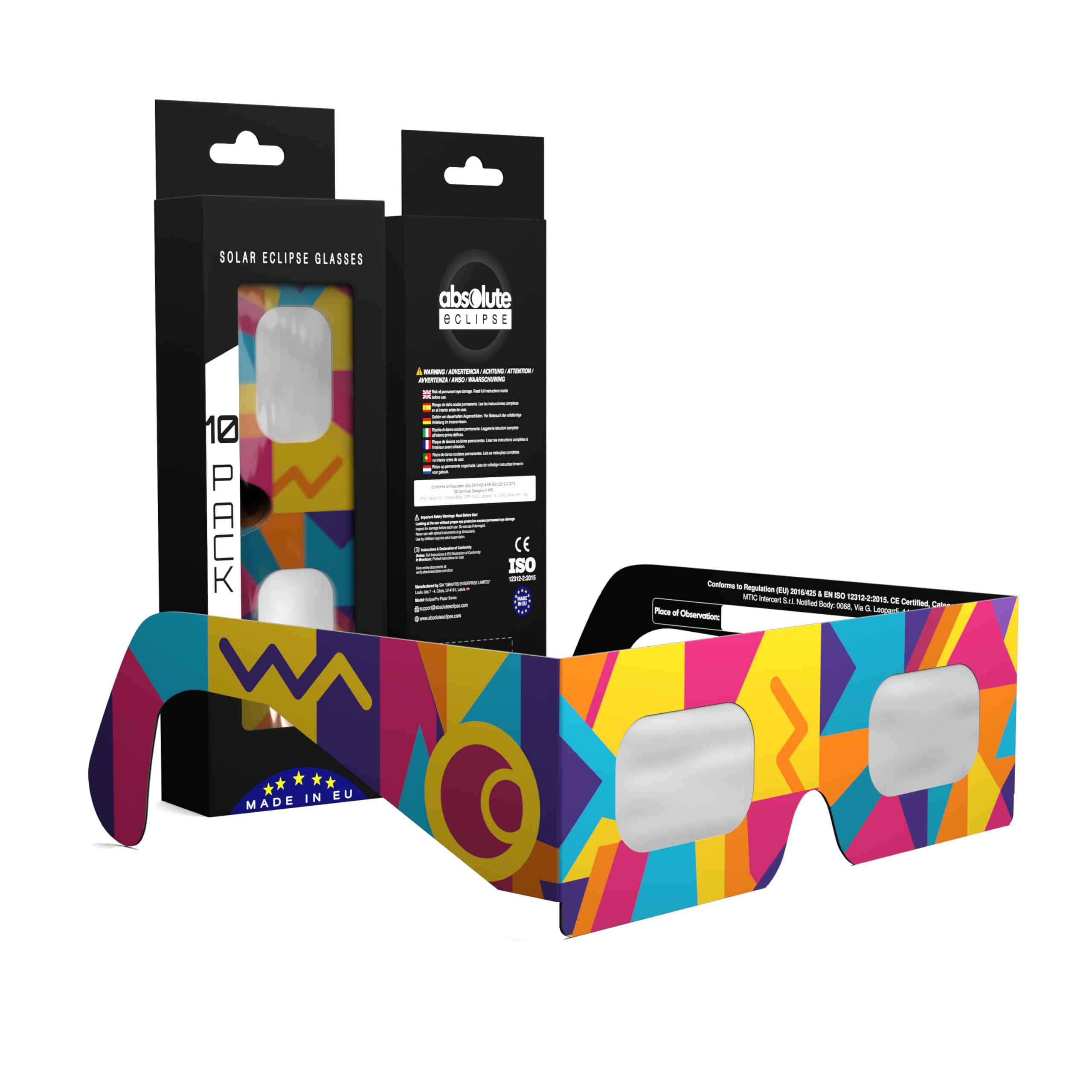 Solar Eclipse Glasses ISO 12312-2 & CE Certified – Safe Solar Viewing for Direct Sun & August 2026 Eclipse | Paper Cardboard Frame, Made in EU | For Kids & Adults | 10 Pack | Memphis