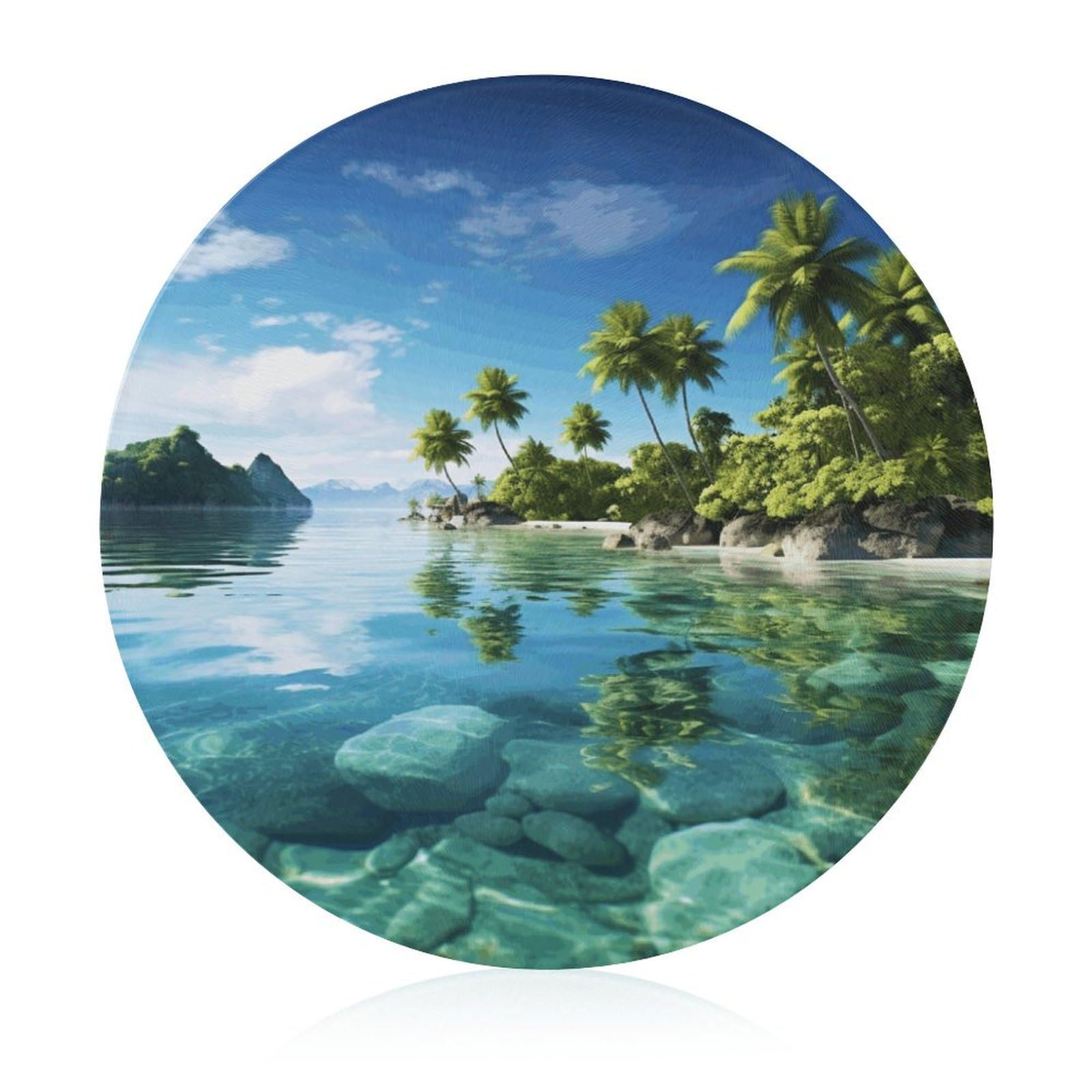 Planche à découper ronde en verre avec motif Belle île de mer, diamètre standard pour cuisine