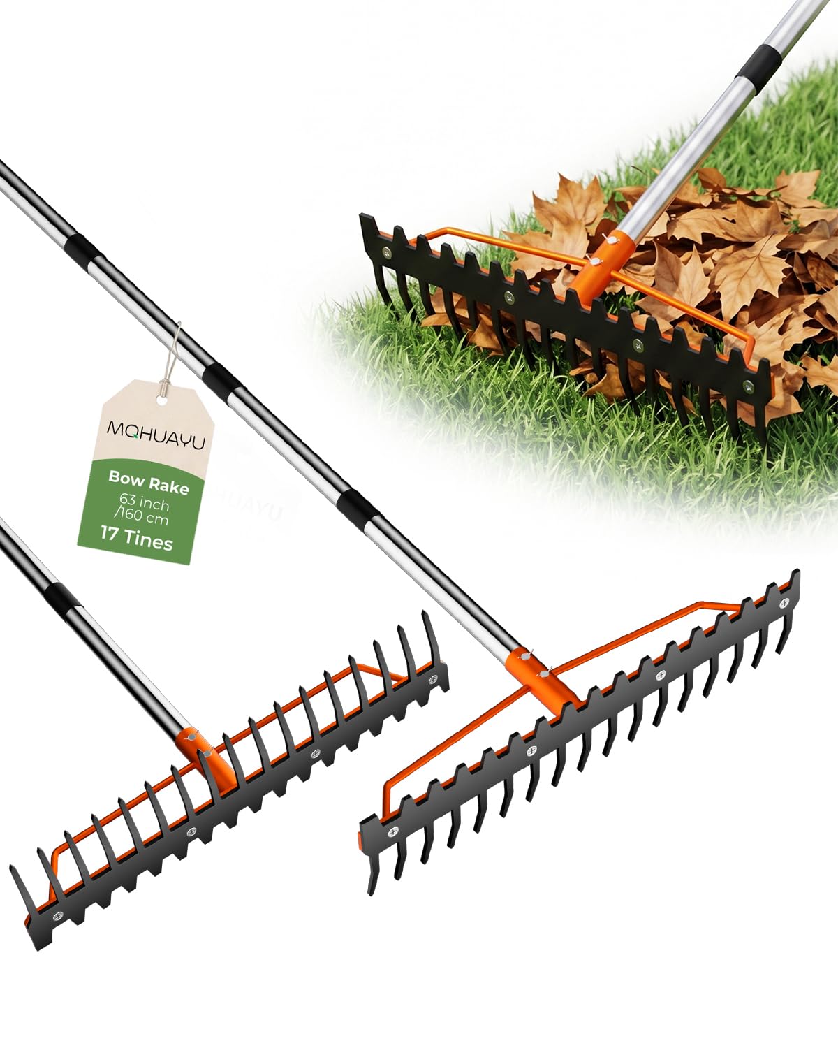 MQHUAYU 160cm Bow Rake with 17 Stainless Steel Tines, Adjustable Handle