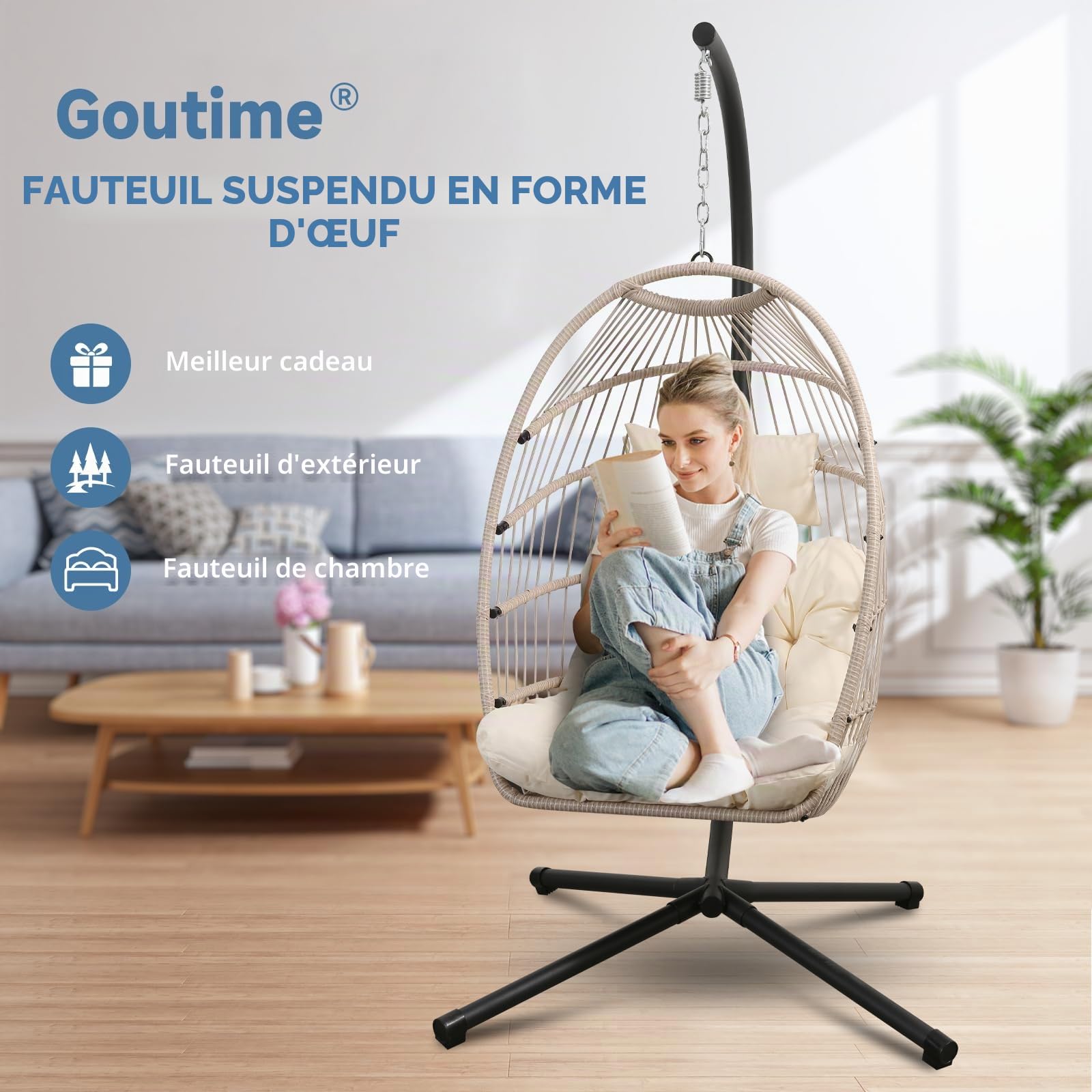 Goutime Chaise Suspendue en Forme d’œuf avec Structure de Support