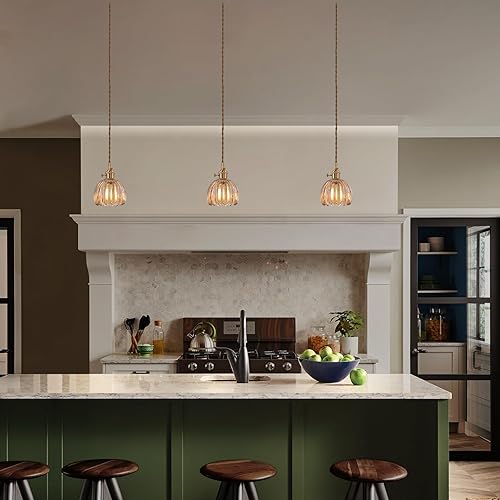 Miniatura 83 de Lámpara colgante con pantalla de cristal ámbar Scindapsus de cristal, lámpara colgante vintage de latón, luz colgante ajustable para cocina, isla