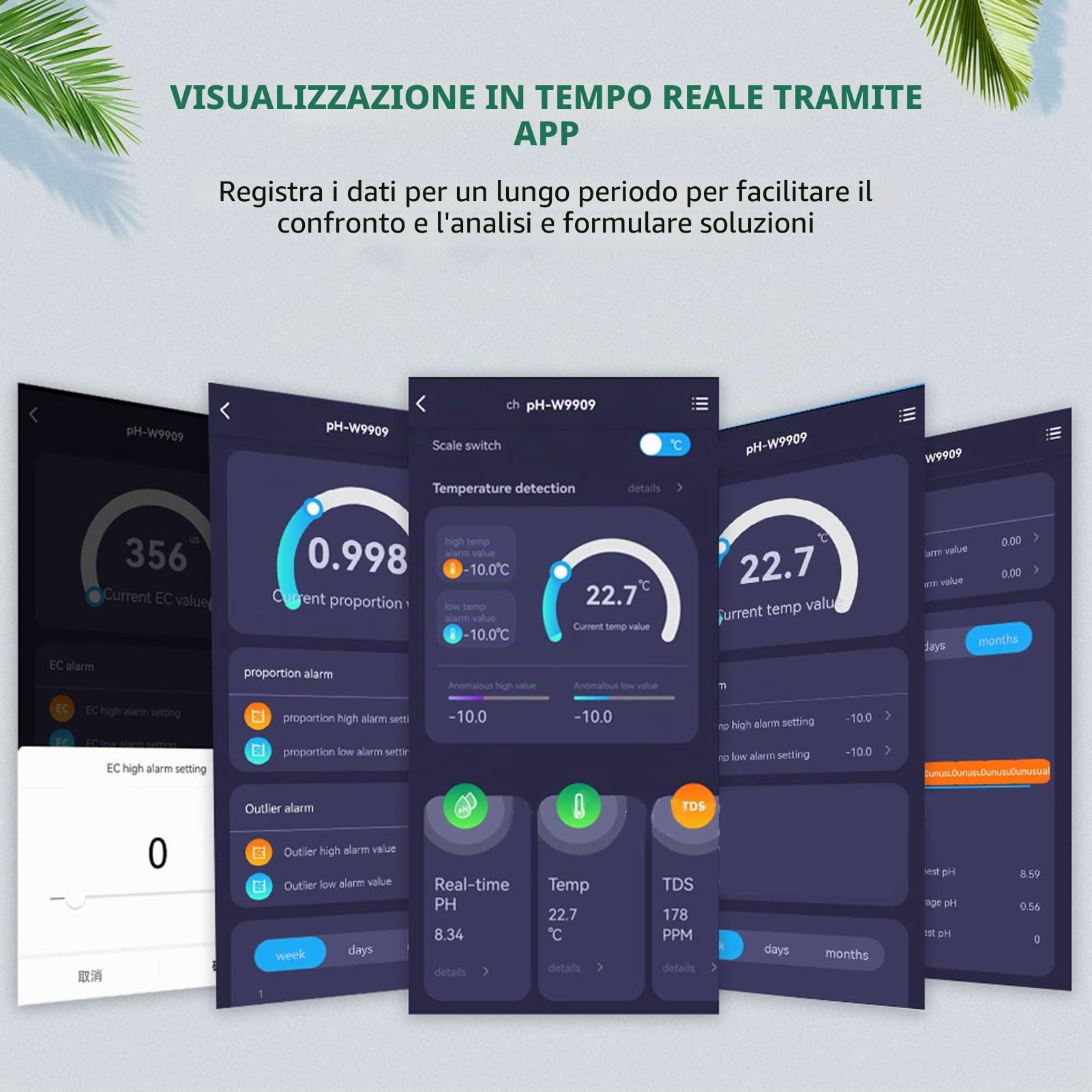 Misuratore di Qualità Dell'acqua Ad Alta Precisione 6 in 1 PH TDS EC SG Tester di Temperatura del Sale Connessione WiFi Rilevatore di Qualità Dell'acqua per Acqua Potabile(Spina UE)