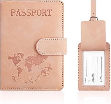 Passport Holder Cover and Suitcase Tag Set Pink PU Leather RFID Blocking