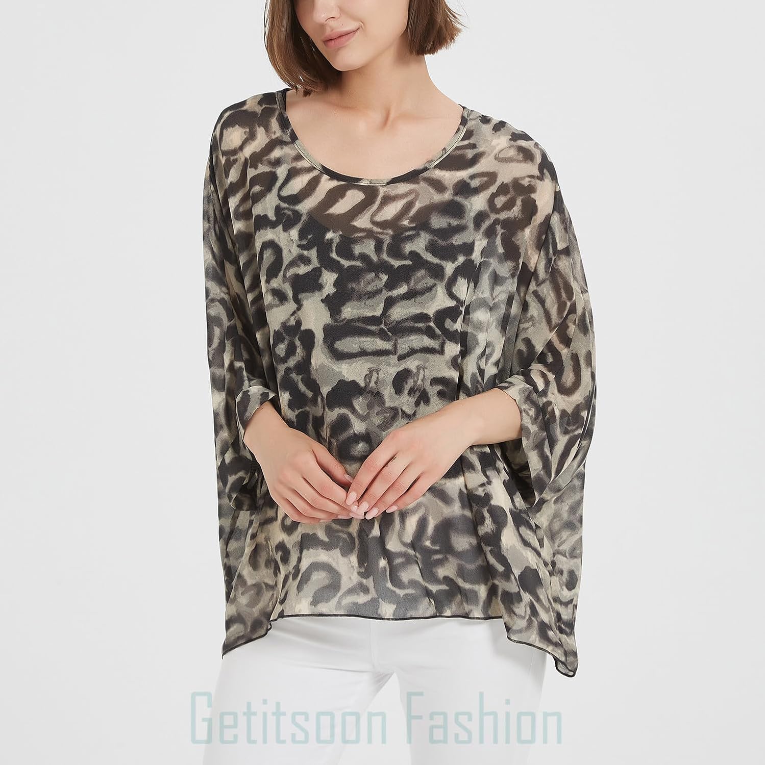 Women's Loose Alicia Floral Print Chiffon Blouse Batwing Blouses Bohemian Flowy Tops Top T-Shirt - Image 4