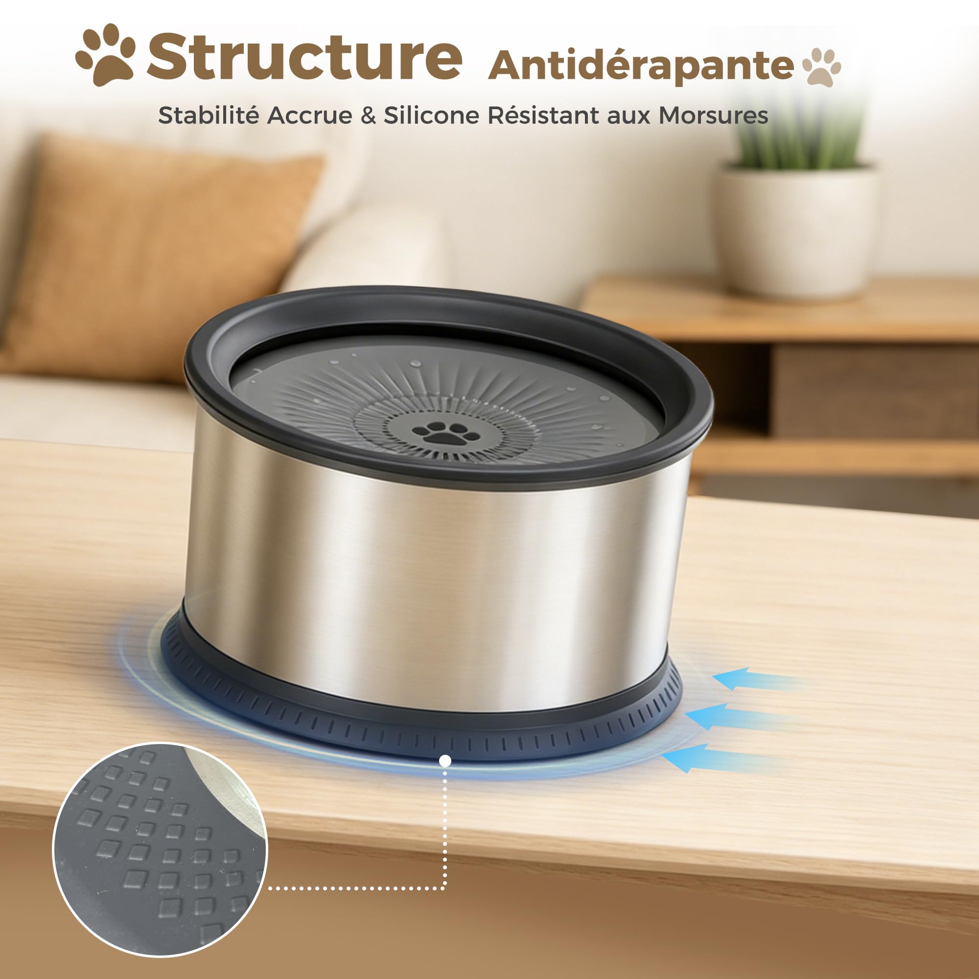 Gamelle d'eau pour Chien 6.5L sans Déversement, Gamelle Anti Éclaboussure en Acier Inoxydable, Bol Boire Lent Anti Goutte avec Base Antidérapante, pour Intérieur Extérieur Voiture Camping (Gris)