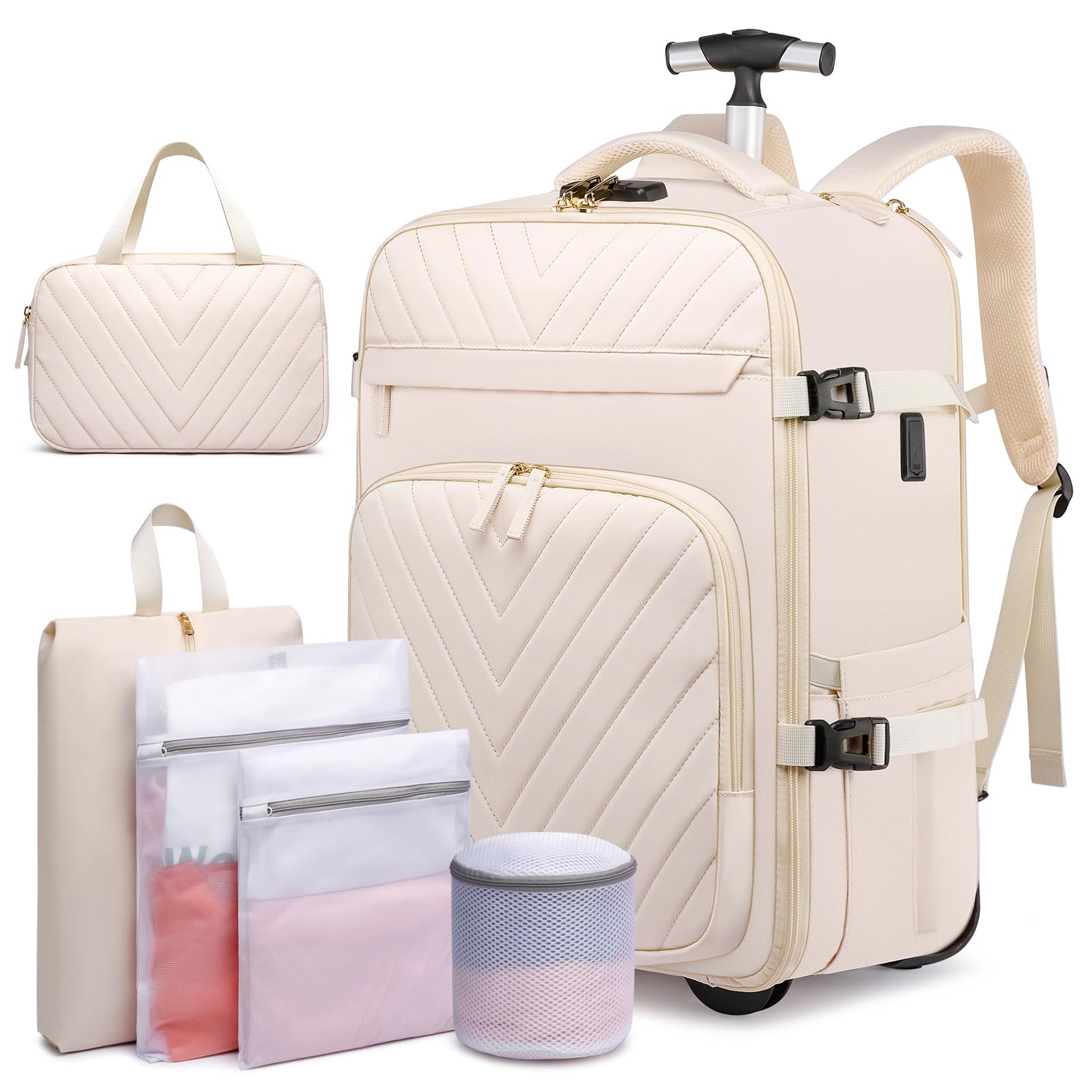 AI EN JIU Rolling Backpack for Women, 20inch Wheeled Backpack with Anti-theft Layer, Laptop Backpack With USB Port & Lock, Waterproof Business Travel Backpack with 6 Bags, Beige