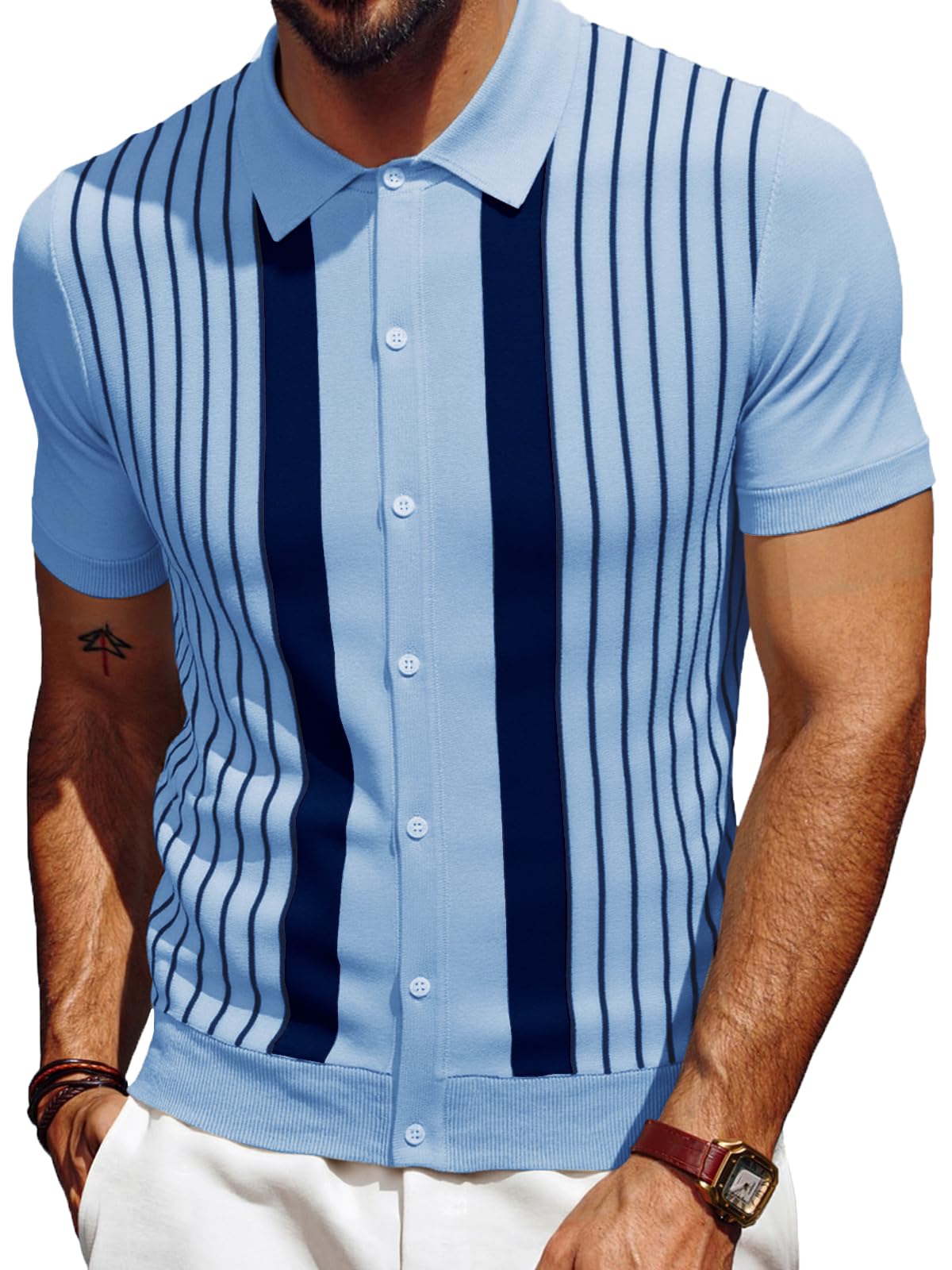 Les umes Polo Uomo A Righe Retro Cardigan Con Maniche Corte Cotone Estate Golf Casual