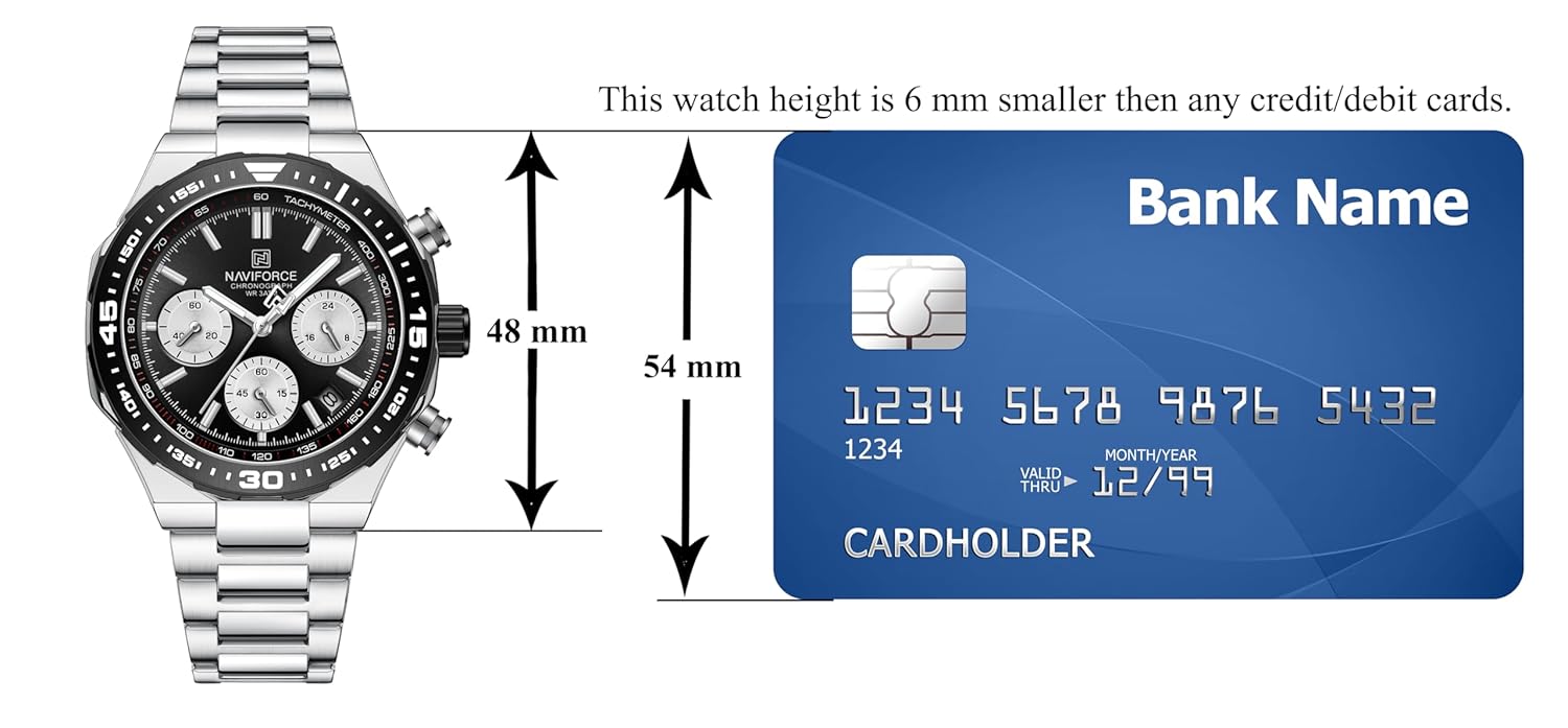 NAVIFORCE NF8049 watch dimensions compared to a credit card