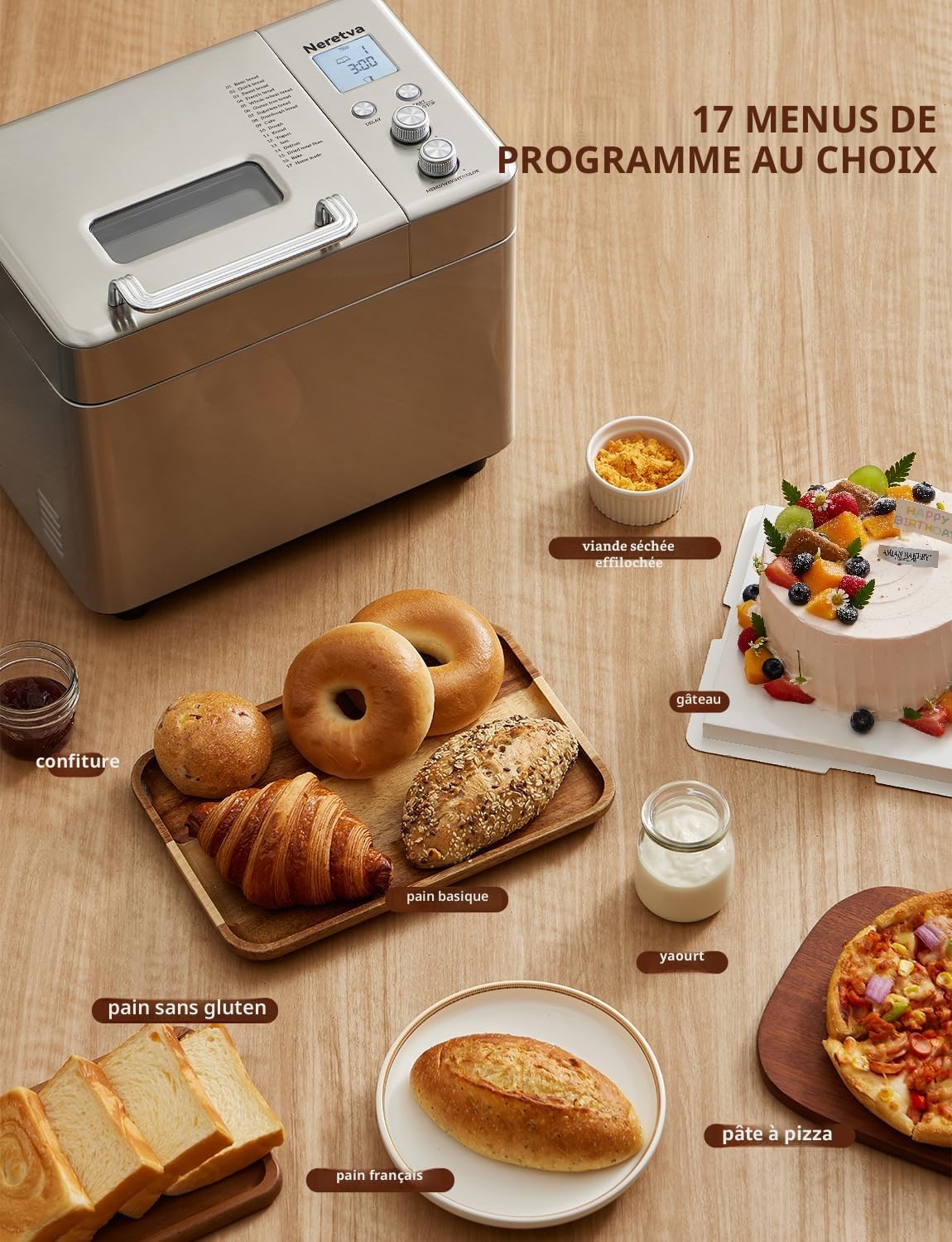 Neretva Machine à Pain Silencieuse Double Chauffage 1000G Bol Céramique Antiadhésif 17 Programmes Sans Gluten