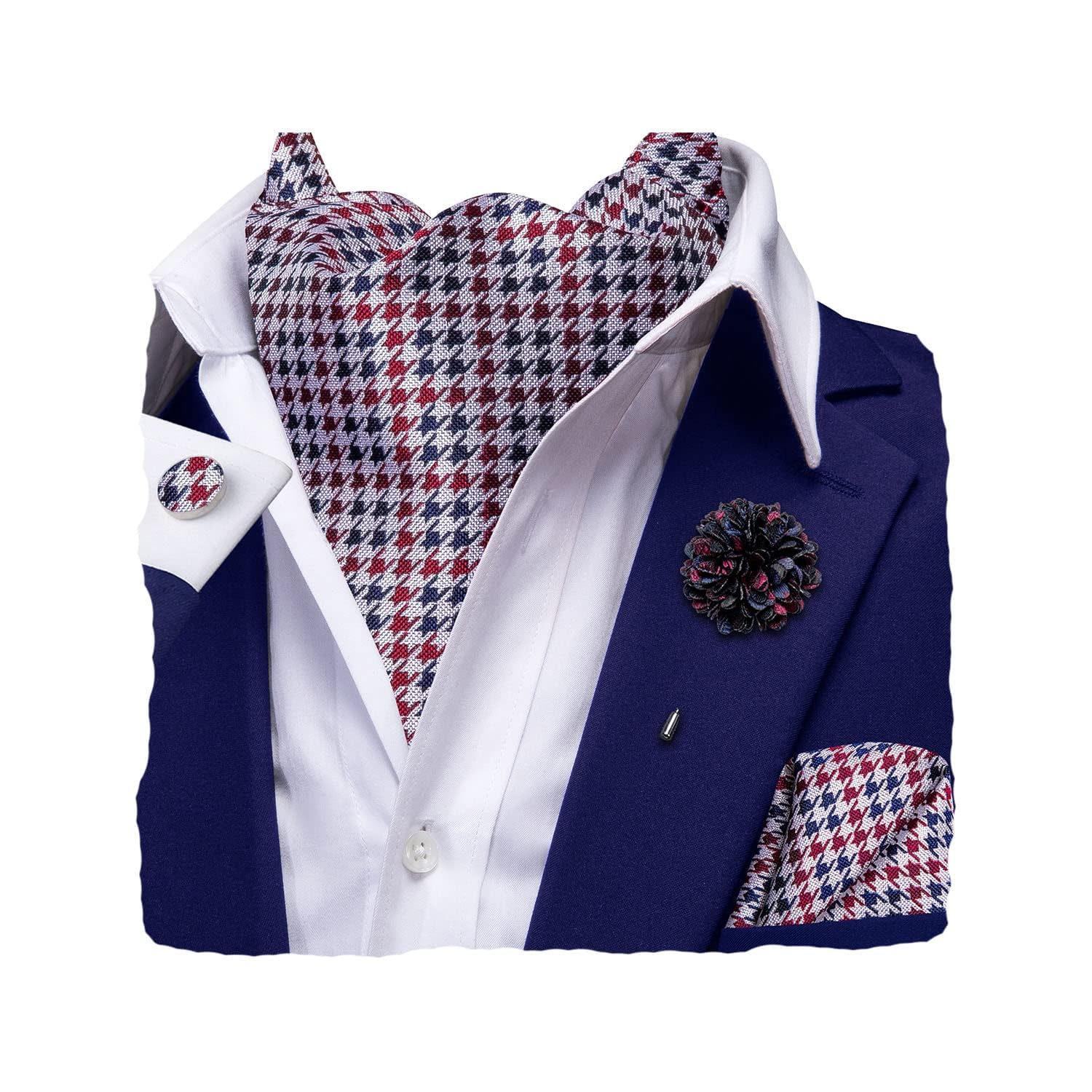 Hi-Tie Silk Ascot for Men Self Tie Men's Cravat and Flower Lapel Pin Handkerchief Cufflinks Set for Wedding Party