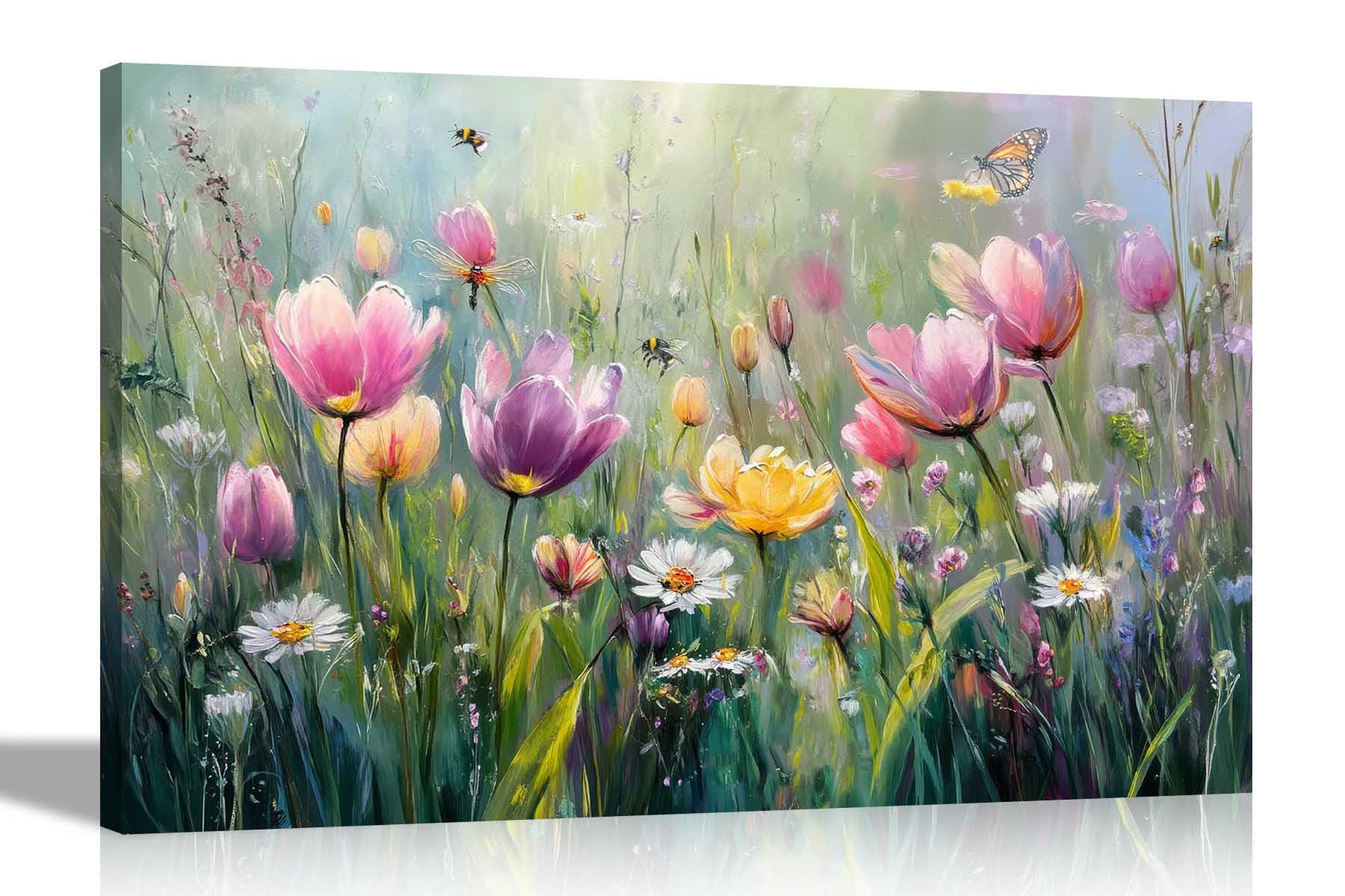 Artley Prints Bumblebees Spring Garden - Abstract Spring Garden Flying Insects Canvas Prints Nature Decoration Living Room Wall Art Pictures 40 X 30Cm (16 X 12 Inches) A3