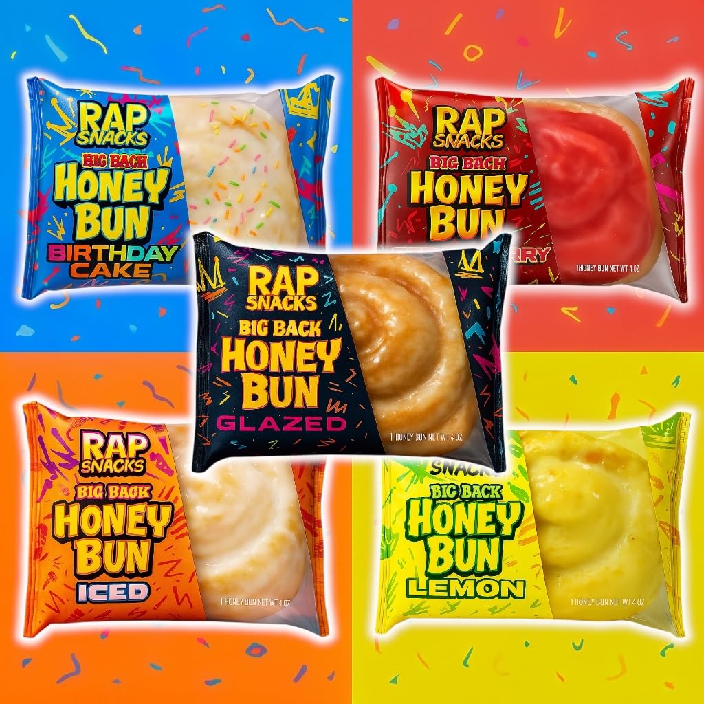 Big Back Honey Buns 5-Pack Variety - Iced, Glazed, Strawberry, Birthday Cake, & Lemon Flavor - Fresh Weekly Batches (Pack of 5)