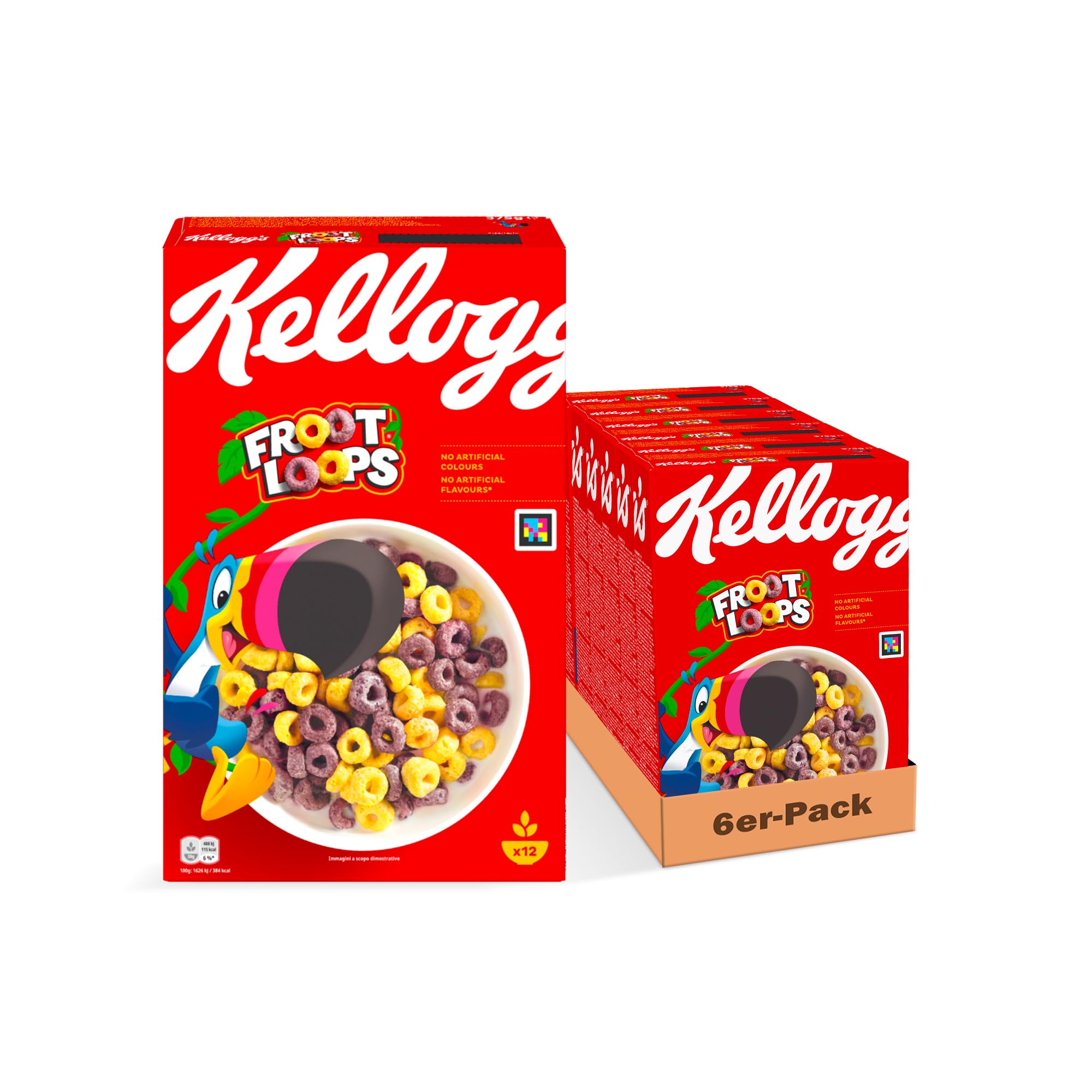 Kellogg's Froot Loops Frühstückscerealien (6 x 375 g) – bunte Kringel aus Weizen, Hafer und Mais mit Fruchtgeschmack – ohne künstliche Farb- und Aromastoffe