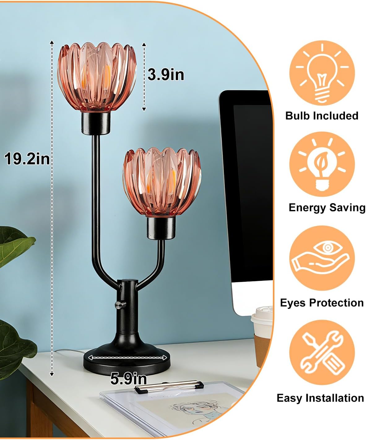 Lightdot Mid Century Modern Flower Table Lamp for Living Room Dimmable Nightstand Lamp Red Glass Vintage Black Desk Lamp 2 Bulbs Included Warmwhite Ambient Bedside Lamps for Bedroom Home Office Decor