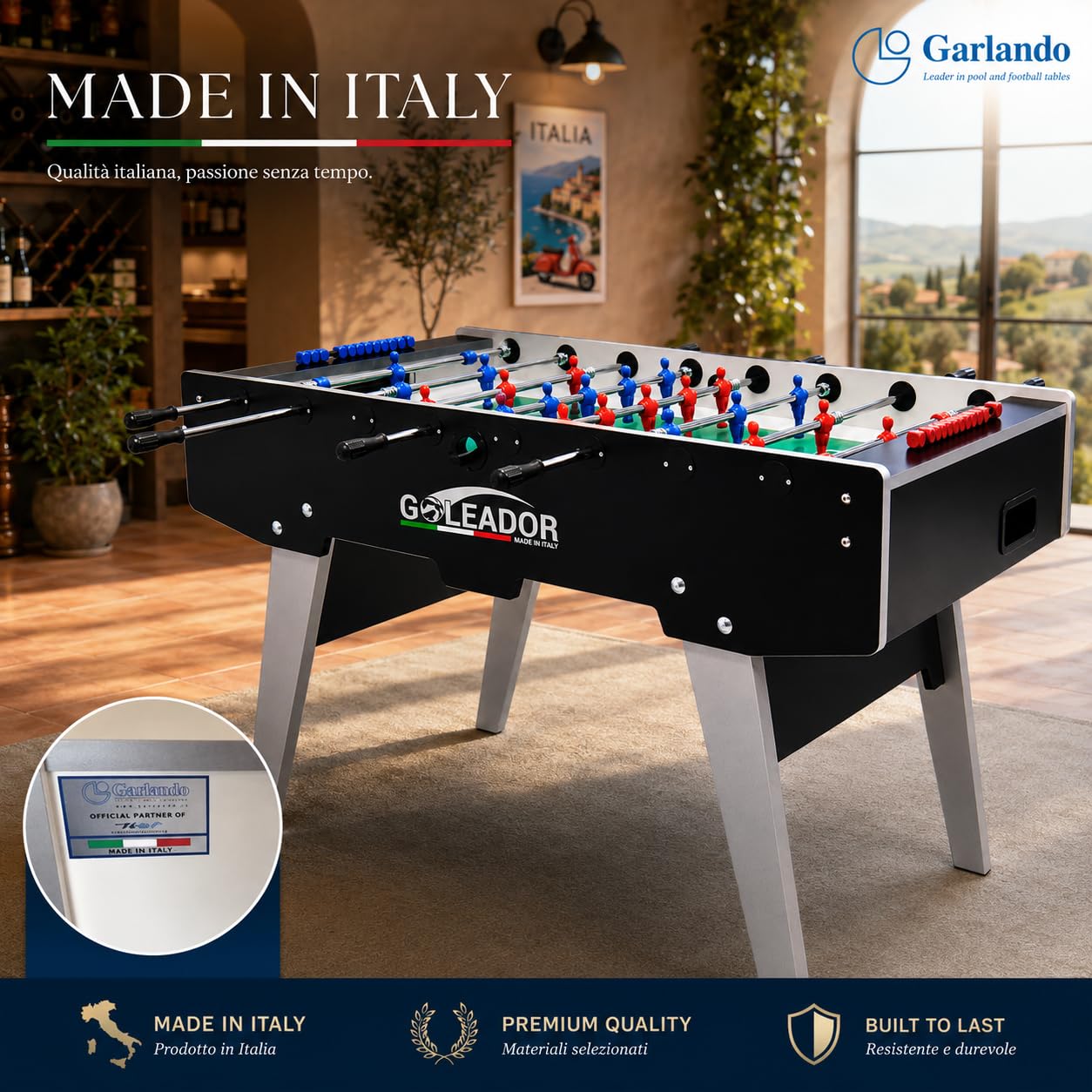 Garlando Goleador [Calcio Balilla Made in Italy] Aste rientranti o Uscenti | Biliardino Calcetto Calcio da Tavolo Professionale, Vetro Temperato Infrangibile, Gambe Pieghevoli, Palline Incluse