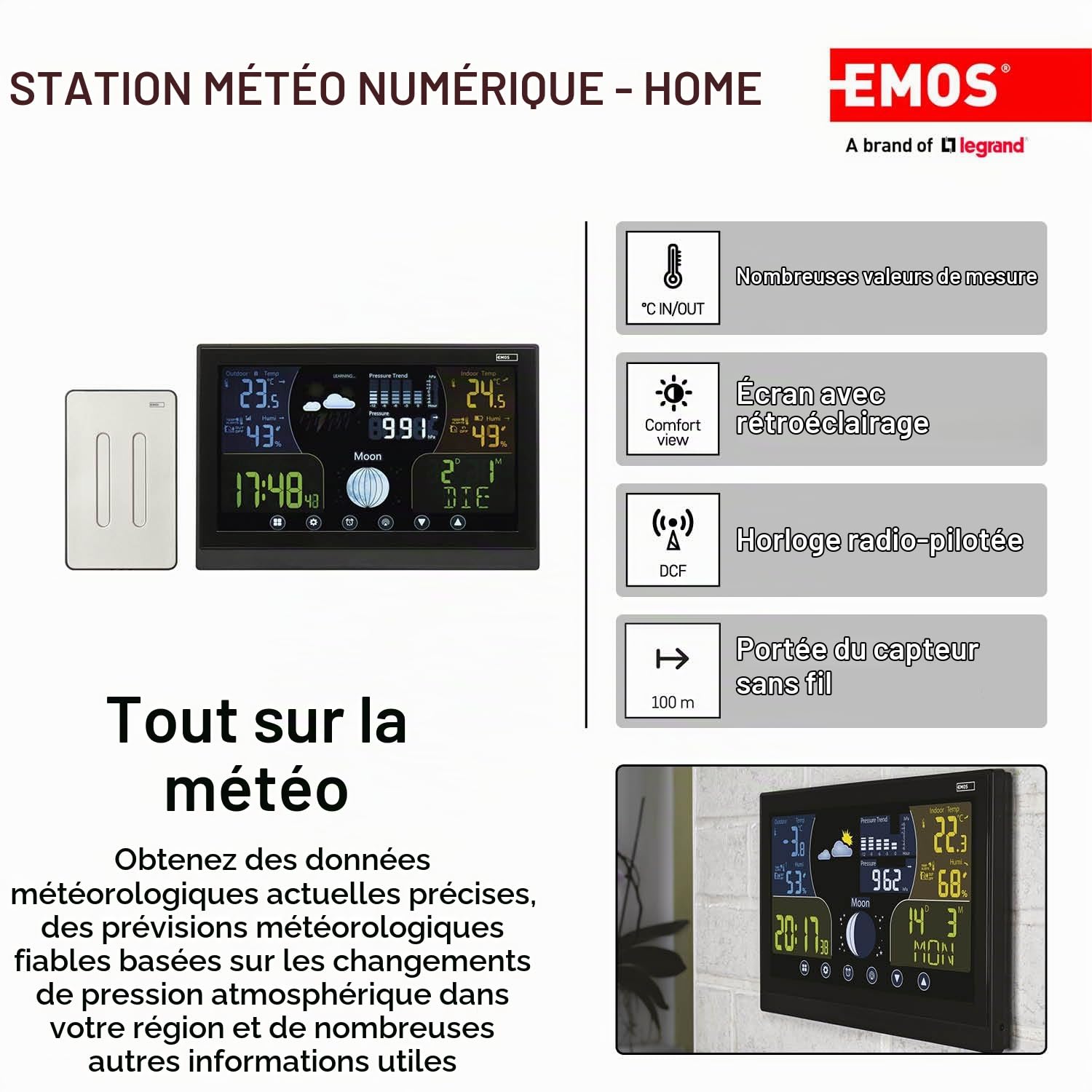 EMOS E6018 Station météo Radio avec capteur extérieur et écran Tactile Couleur + Bloc d'alimentation 13 Fonctions : thermomètre, hygromètre, baromètre, prévisions météo, Horloge Radio