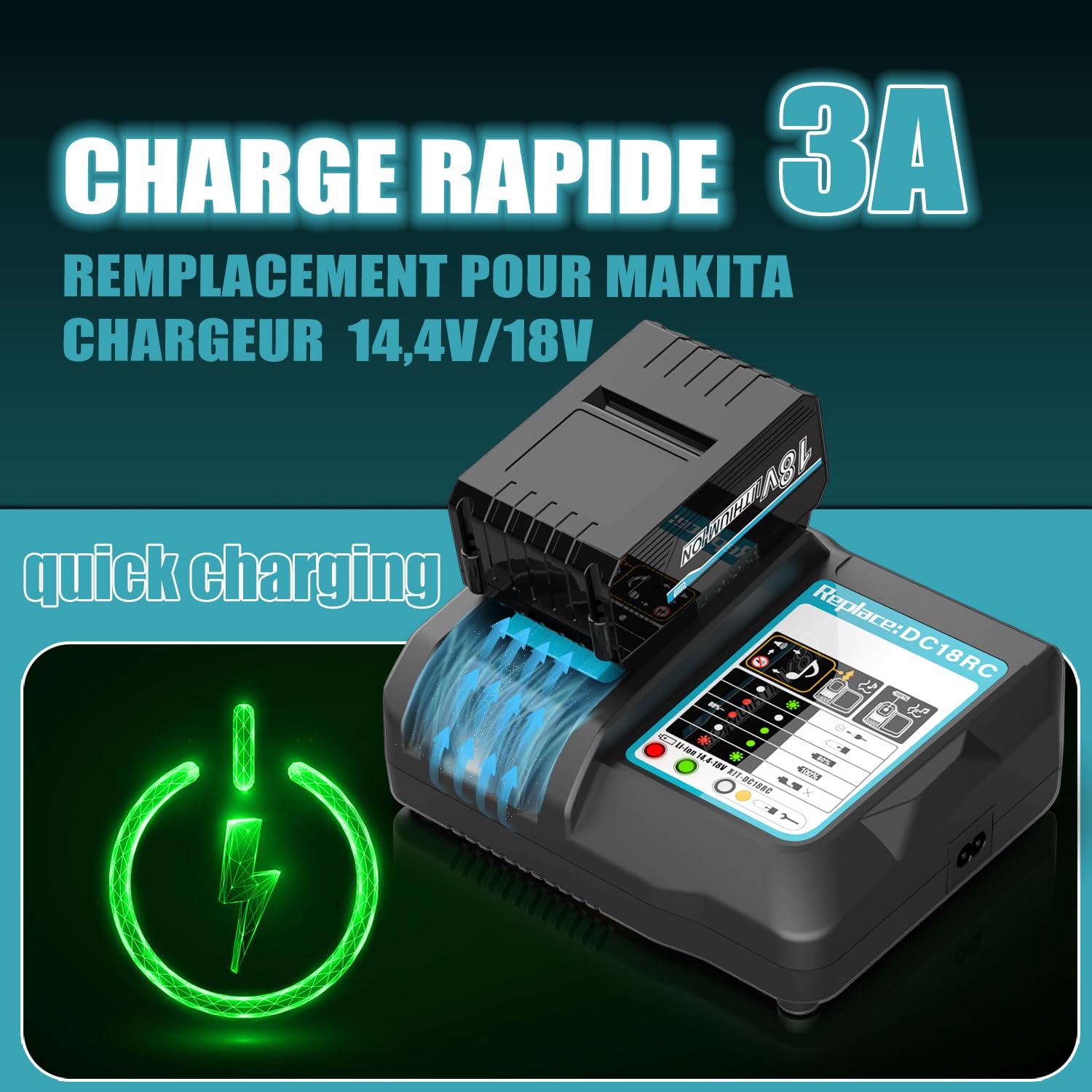Chargeur 18V DC18RC pour Makita 18V Batterie | Compatible 14.4V-18V Batterie BL1850 BL1860 BL1415 BL1430 BL1440，Remplacement DC18RA DC18RC DC18RD