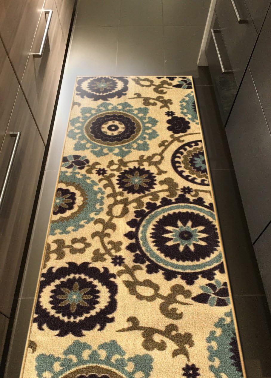Rubber Backed 22" x 48" Floral Swirl Medallion Beige Multicolor Small Runner Non-Slip Rug - Rana Collection Kitchen Dining Living Hallway Bathroom Pet Entry Rugs RAN2036-24
