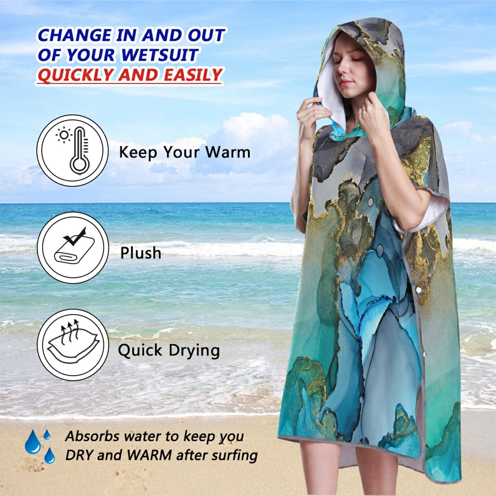 Poncho de surf à séchage rapide en microfibre avec capuche et poche - Bleu et gris doré