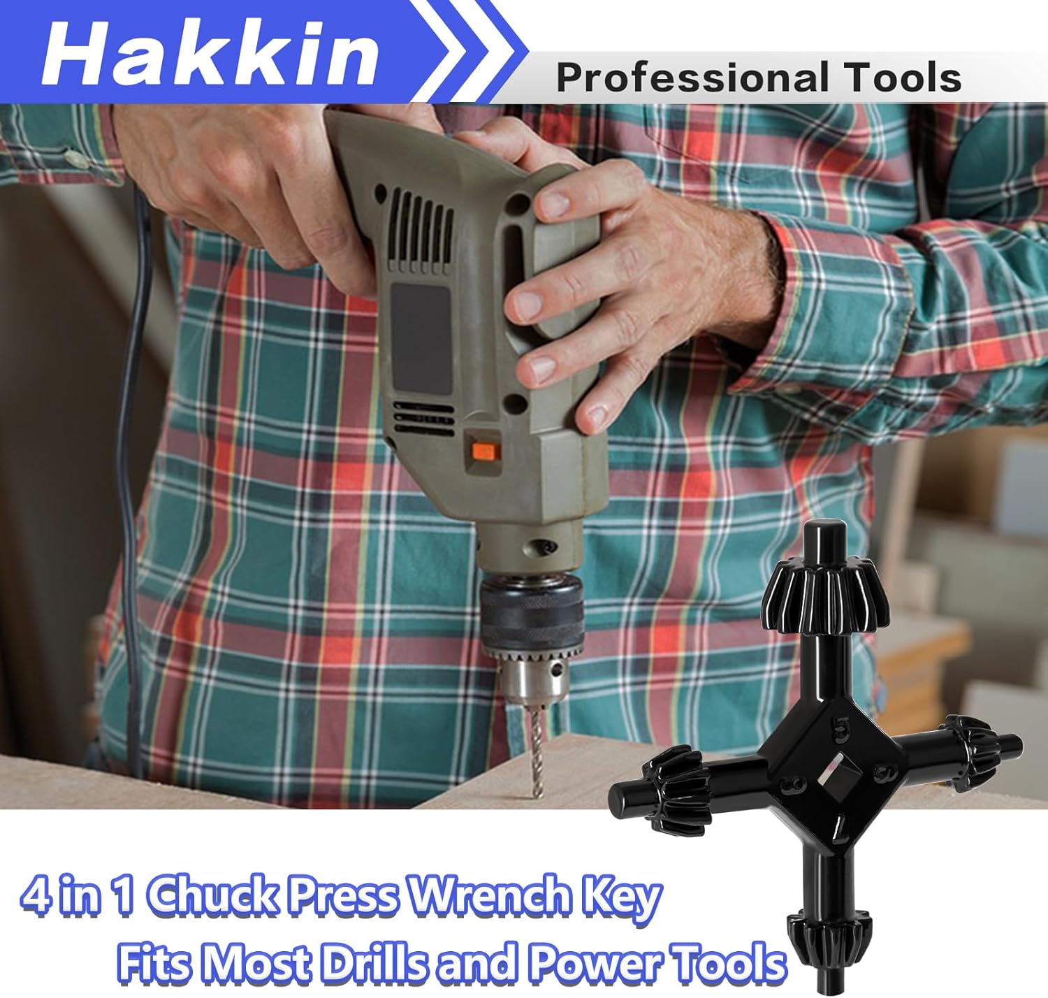 Hakkin 4 in 1 Drills Chuck Key Wrench, 1/4”, 3/8”, 1/2”, 5/8”, 3/4”, 1” Sizes Universal 4 Way Chuck Key, Replacement Tool for Electric Drills, Impact Drivers, Tightening and Loosening Chuck (Size L)