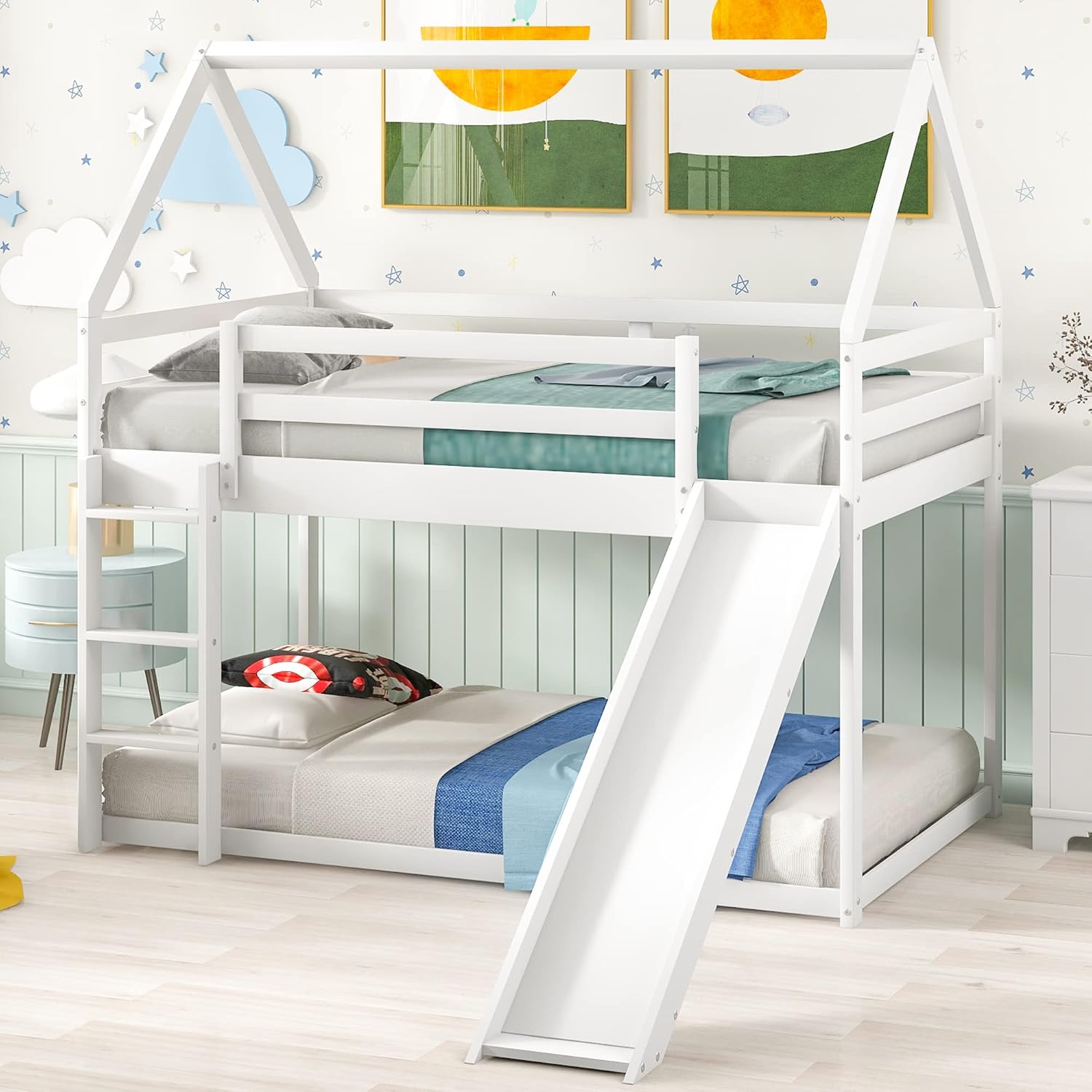 MERITLINE House Shaped Bunk Bed Twin Over Twin Size Wood Bunk Bed with Slide Low Bunk Beds for Boys and Girls, Twin Size, White