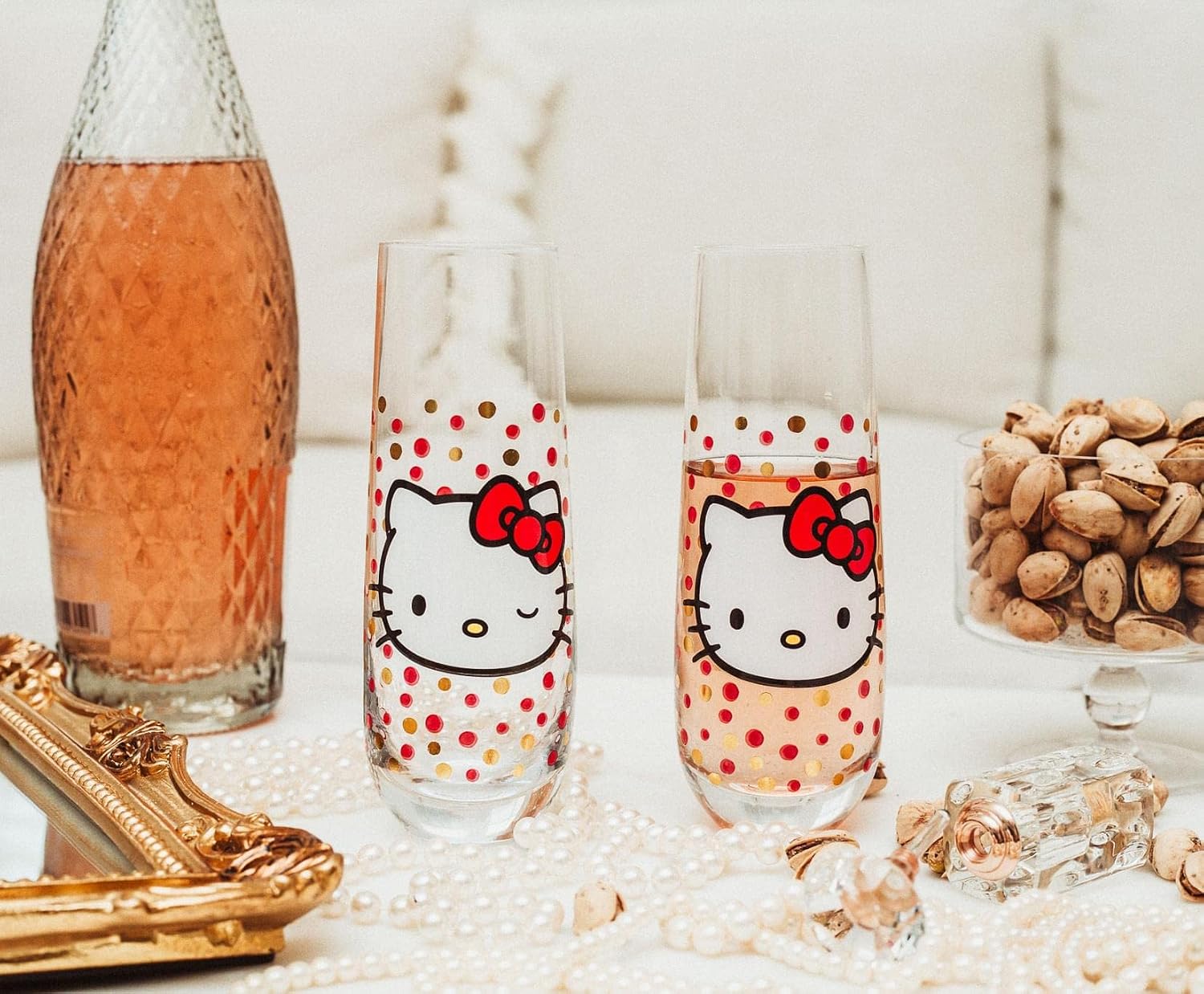Toynk Hello Kitty Polka Dot Portrait 9-Ounce Stemless Fluted Glassware, Set of 2 | Toasting Champagne Glass Cups For Wine, Mimosas, Cocktails | Home Bar & Kitchen Essentials, Cute Housewarming Gifts