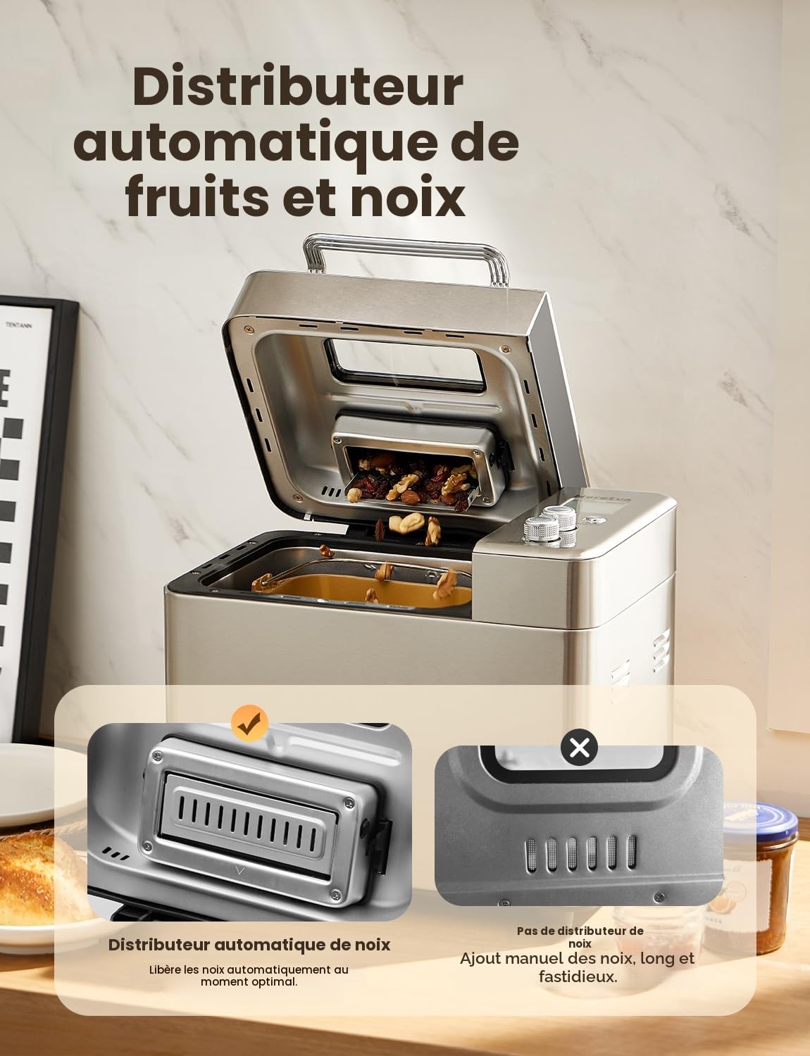 Neretva Machine à Pain Silencieuse Double Chauffage 1000G Bol Céramique Antiadhésif 17 Programmes Sans Gluten
