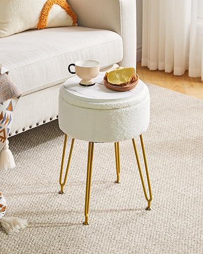 Miniatura 4 de IBUYKE Taburete Otomano con Almacenamiento de Terciopelo Estilo Teddy, Taburete de Maquillaje con Mesa Lateral Desmontable, Patas de Acero Dorado,