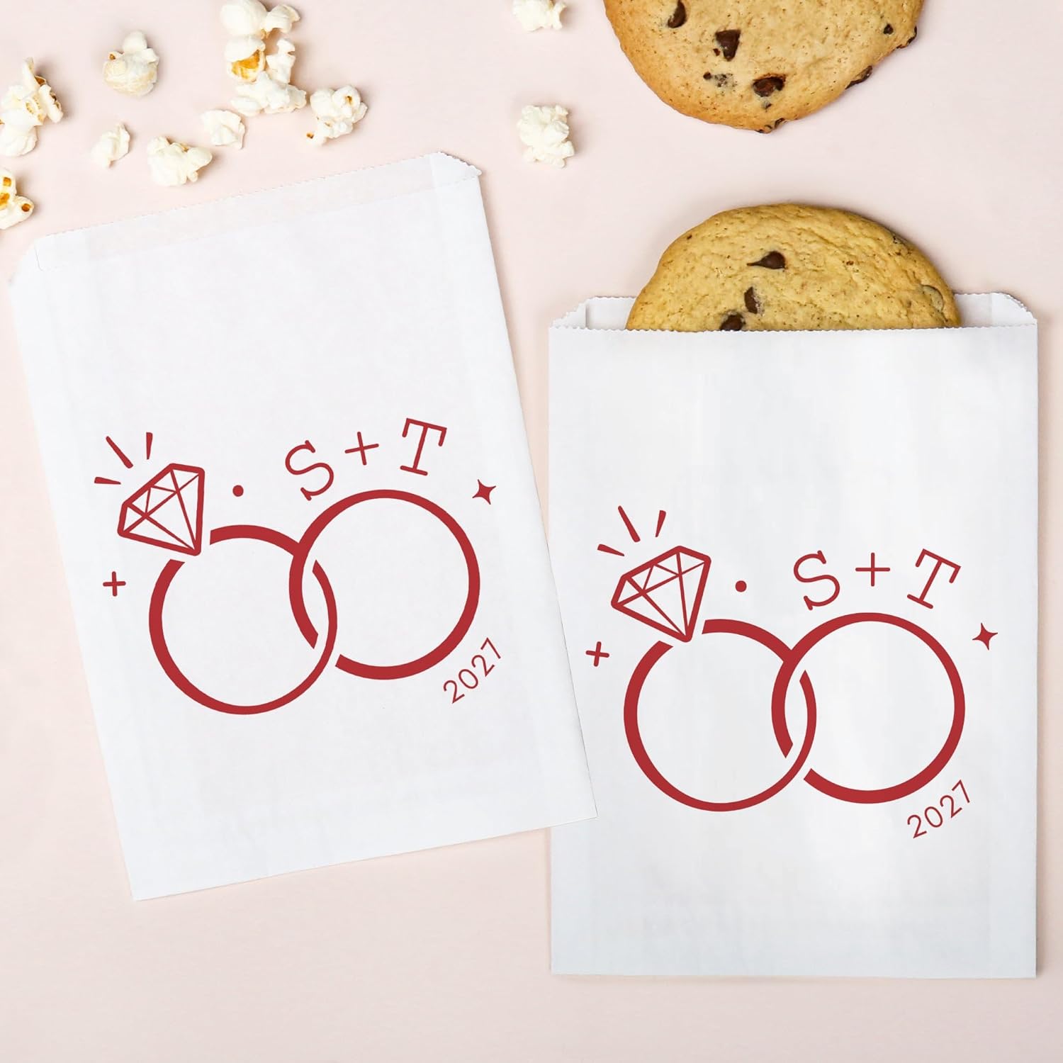 Big Dot of Happiness Personalized Cherry Red Wedding Rings Paper Treat Bags, Custom Monogram Initials Engagement Party Candy Snack Favors, Greaseproof White Sandwich Cookie Bags - 25 Count