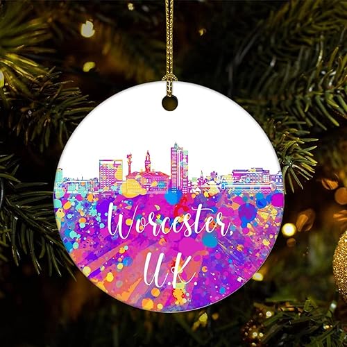 Two-Side Printed United Kingdom-Worcester Ceramic Christmas Ornament Novelty for Family Friends Kids Colorful City Painting Christmas Keepsake Two-Side Printed United Kingdom-Worcester Ceramic Christmas Ornament Novelty for Family Friends Kids Colorful City Painting Christmas Keepsake