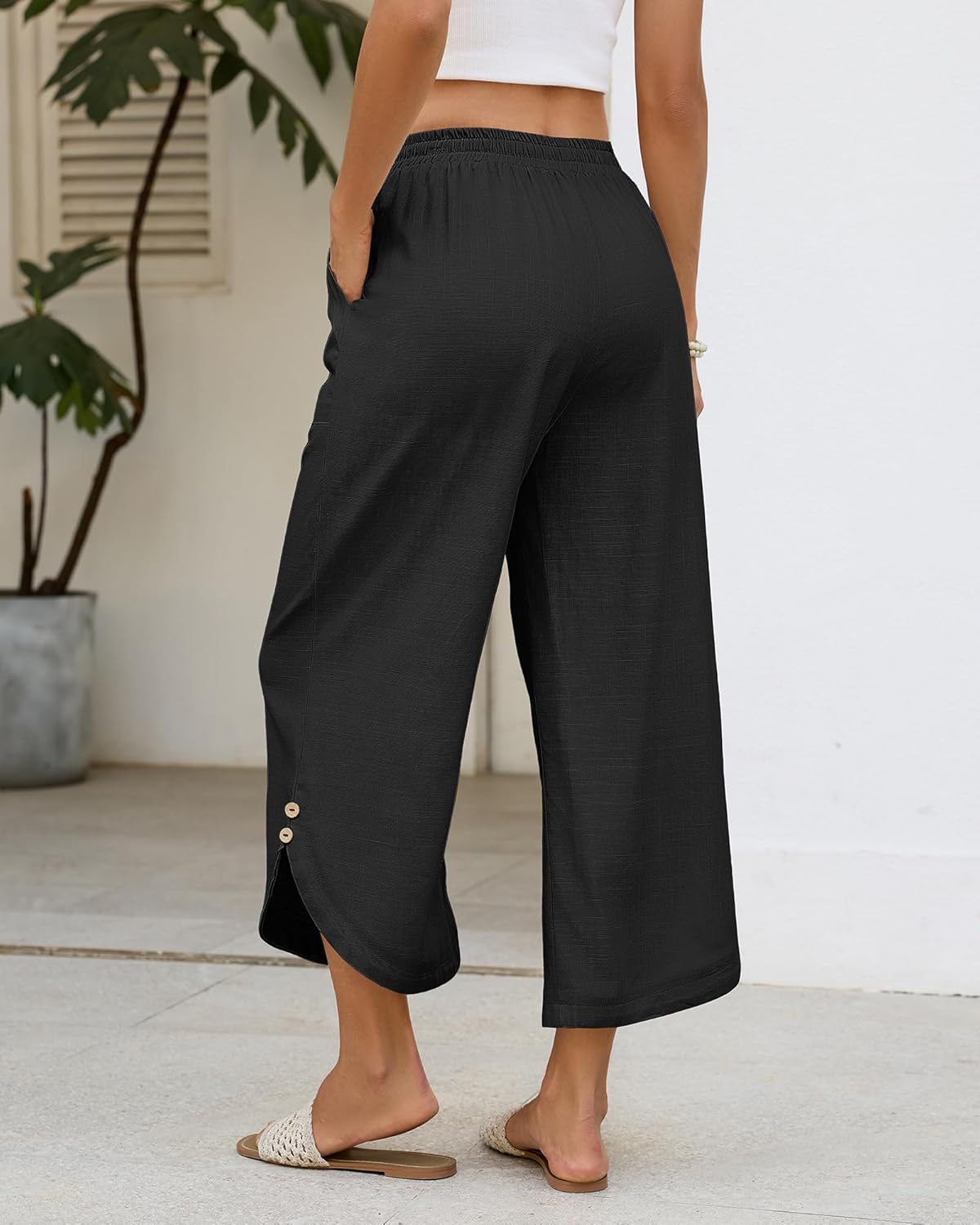 Bsubseach Womens Cotton Linen Pants Summer Capri Pants Comfy Cropped Lounge Pants with Drawstring