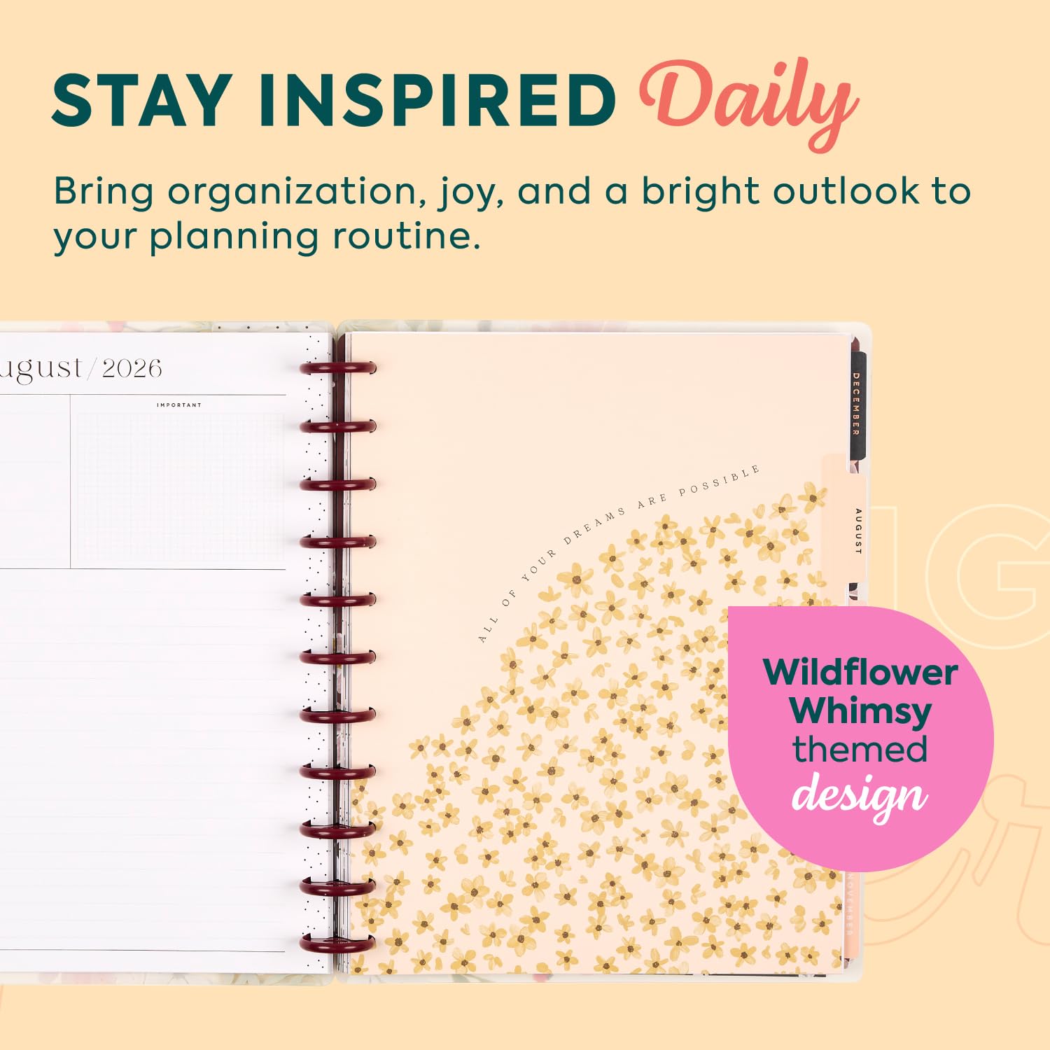 Happy Planner - Planificador encuadernado en disco de julio de 2026 a junio de 2027, tamaño grande | Incluye 3 meses adicionales y 2 hojas de calcomanías, 8.5 x 11 pulgadas, diseño de salpicadero, tema de flores silvestres