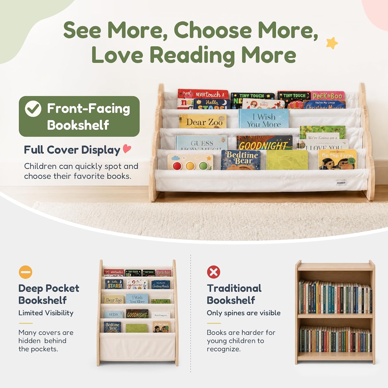 KEMBER Wooden Kids Bookshelf for Kids Rooms, 4-Tier Montessori Book Shelf