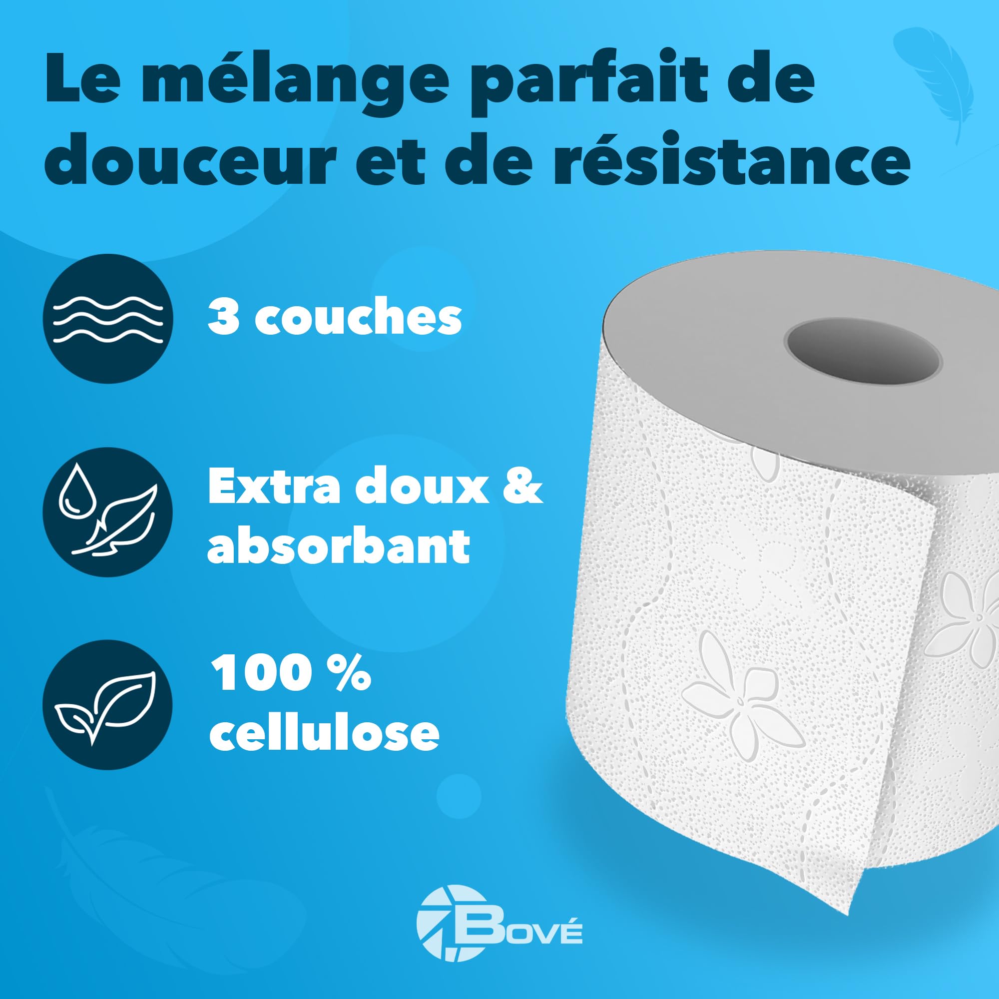 BOVE Lot de 56 rouleaux de papier toilette 3 couches - 250 feuilles par rouleau - Extra doux, solide et absorbant - Certifié FSC et écologique de l'UE - Excellent rapport qualité-prix