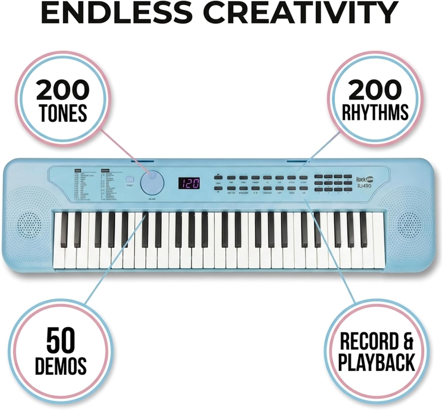 RockJam 49 Key Keyboard Piano, Portable Electronic Music Keyboard with Speakers, USB-C Power or Battery Operation, Headphone Input, 200 Tones, 200 Rhythms, Note Stickers & Lessons