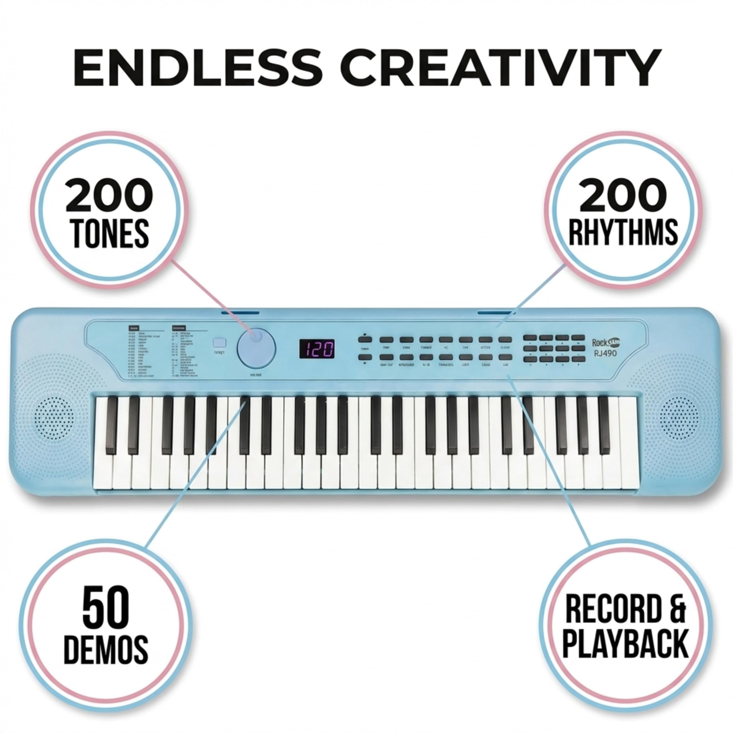 RockJam RJ490BB Mini Tastiera Pianoforte 49 Tasti, Sintetizzatore Elettronico Portatile Azzurro con USB-C, Altoparlanti, Jack Cuffie, 200 Suoni e Ritmi