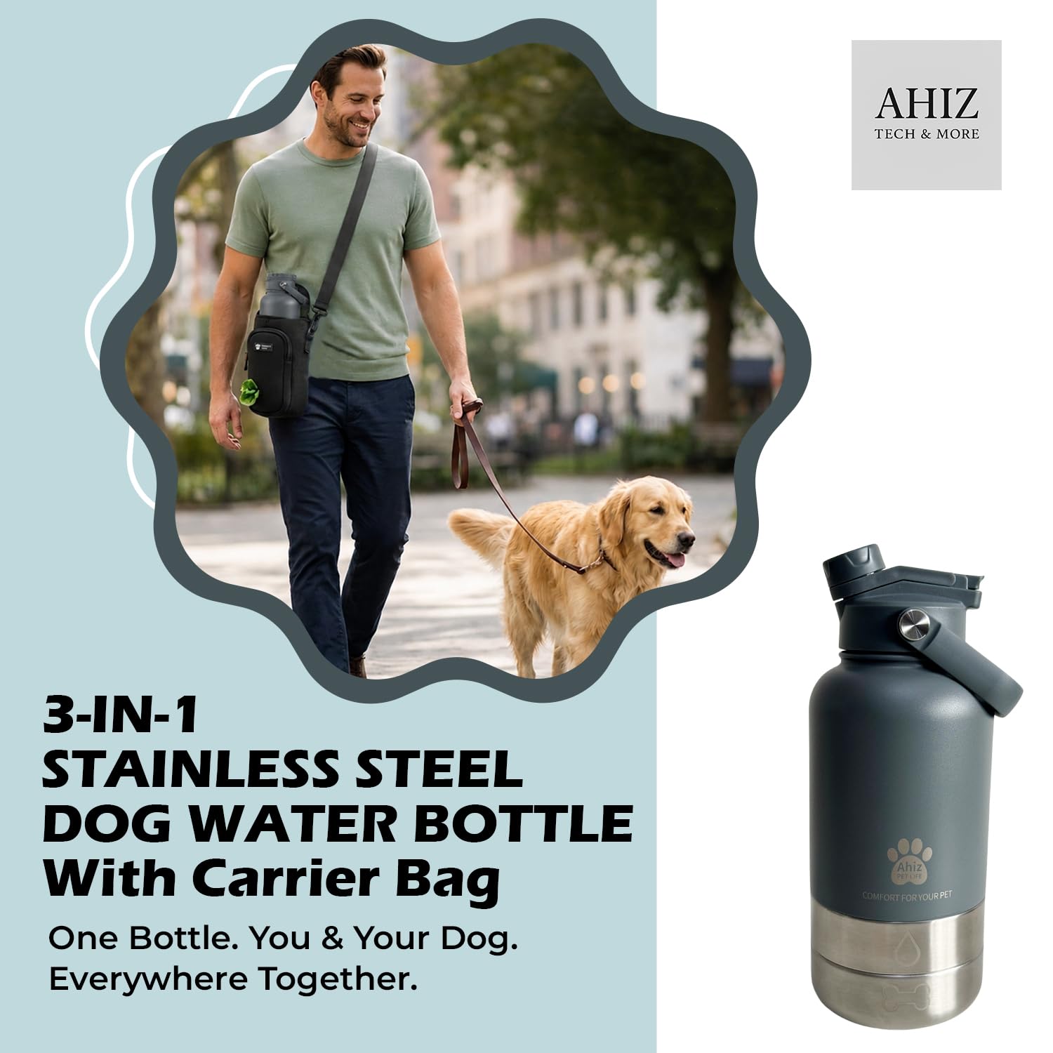 Borraccia per cani 3 in 1 con borsa per il trasporto, dispenser portatile per animali domestici, coperchio a doppio uso e 2 ciotole staccabili, design a prova di perdite, per passeggiate