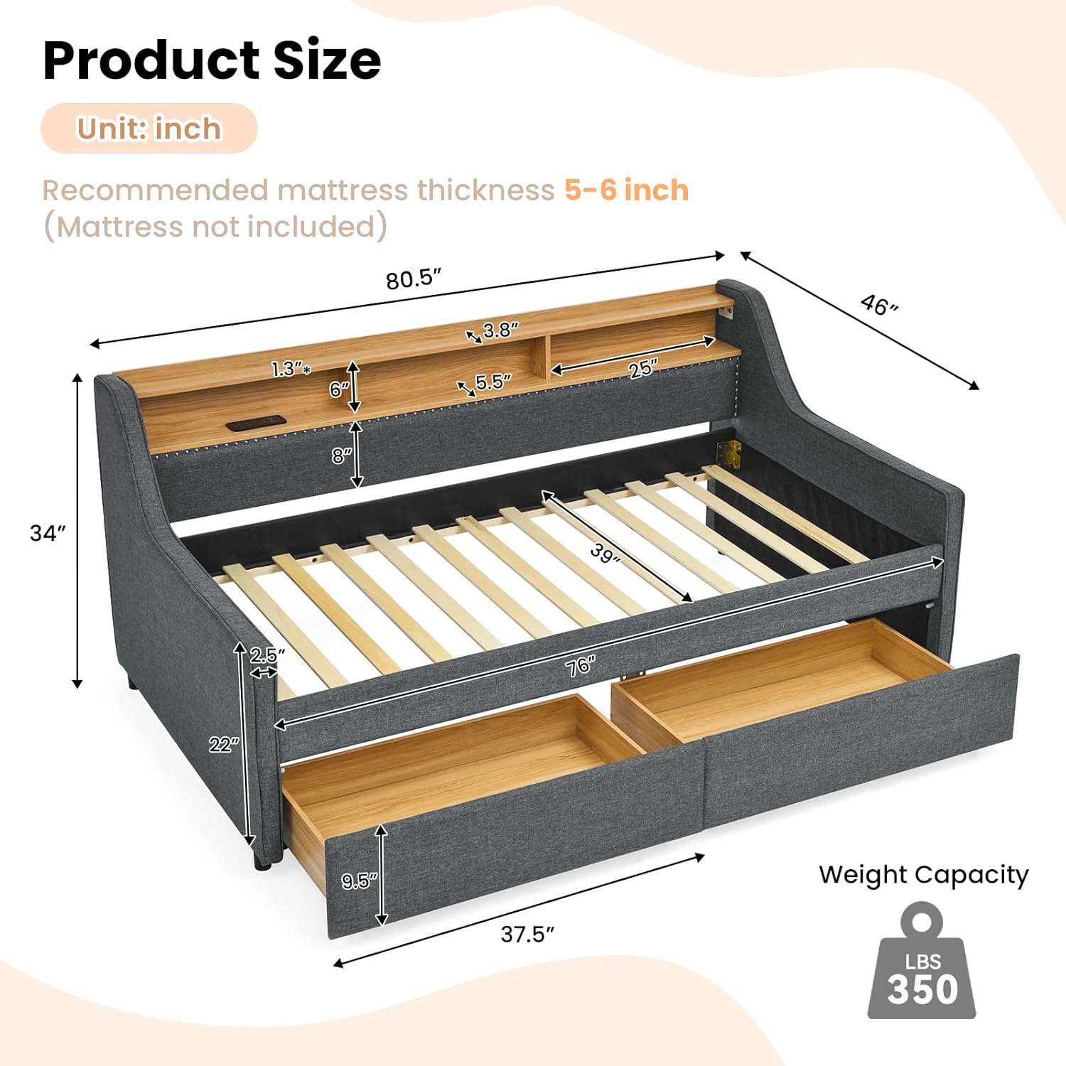Product dimensions of Antetek Twin Daybed