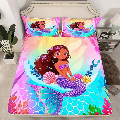 Miniatura 2 de Erosebridal Juego de sábanas y fundas de almohada de sirena para niñas negras, juego de sábanas psicodélicas bajo el agua, juego de sábanas florales
