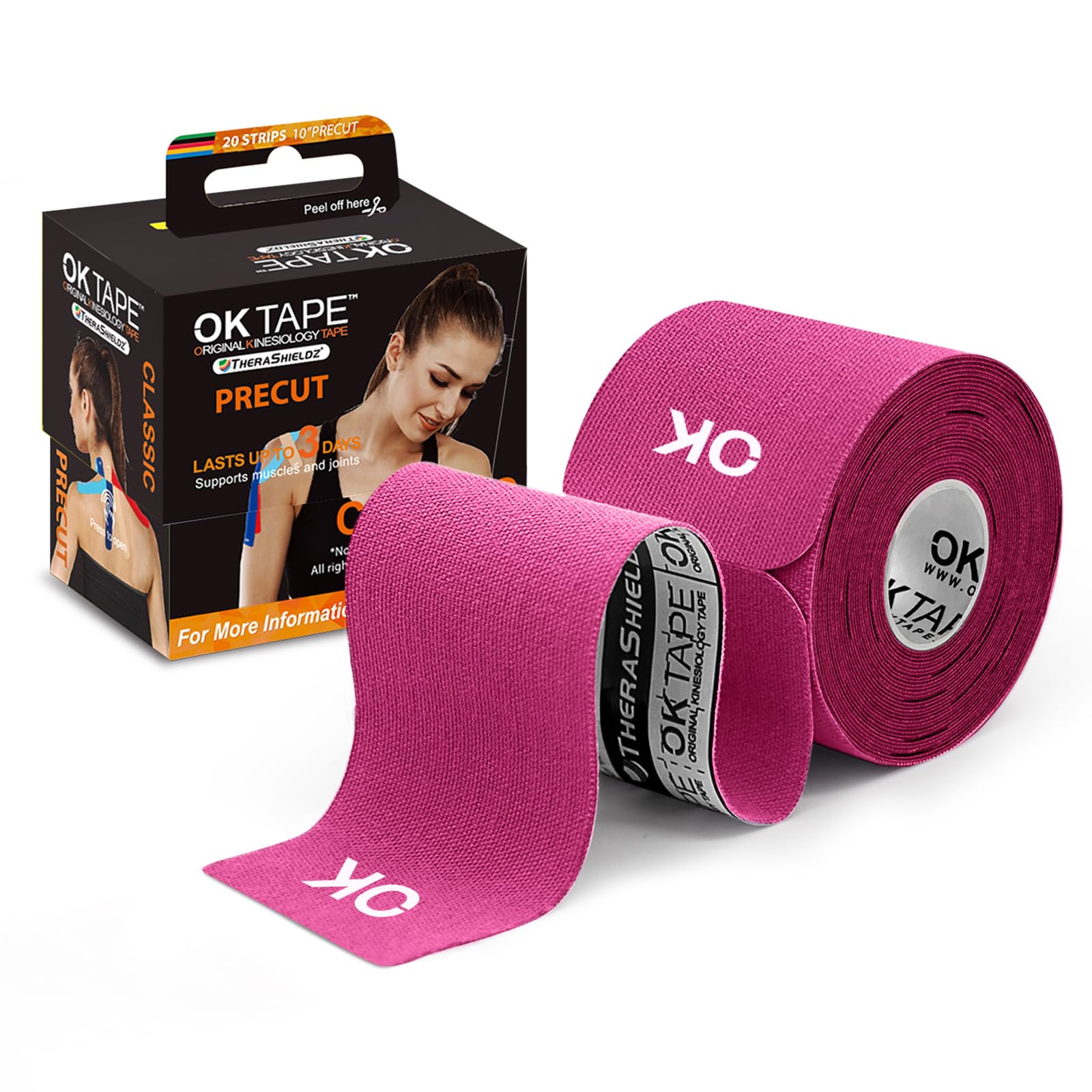 Kinesiology Tape 10 inches Precut, 20 Strips, Cotton Elastic Athletic Tape Latex Free, 2in x 16ft, Pink