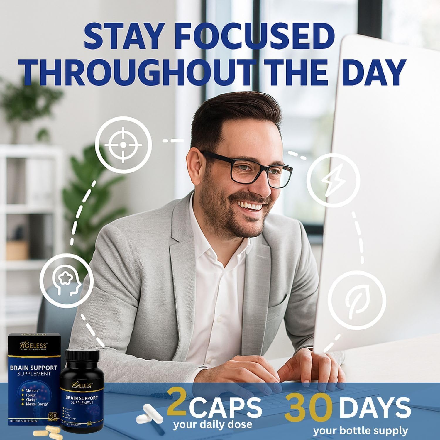 Ageless Brain Supplements for Memory and Focus 1000 MG | Cognitive Improvement | Formulated with Clinically Studied Ingredients | Support Mental Clarity & Neuro Health | Vitamin B6, B12, 60 Capsules - Image 4