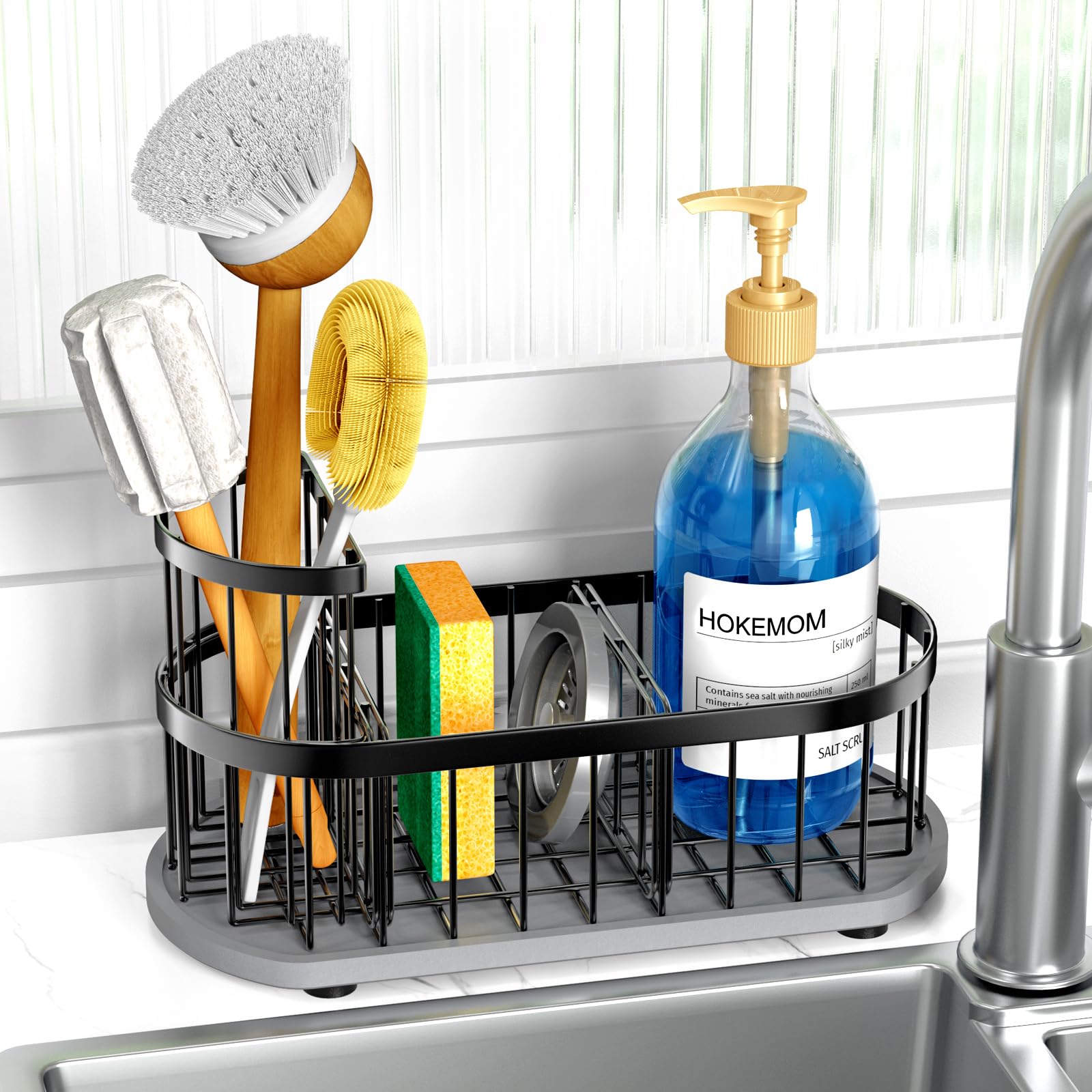 LARGE Kitchen Sink Caddy Organizer FLEXIBLE PLACEMENT FAST-DRYING Sponge Holder for Kitchen Sink Countertop with High Brush Holder-Rustproof