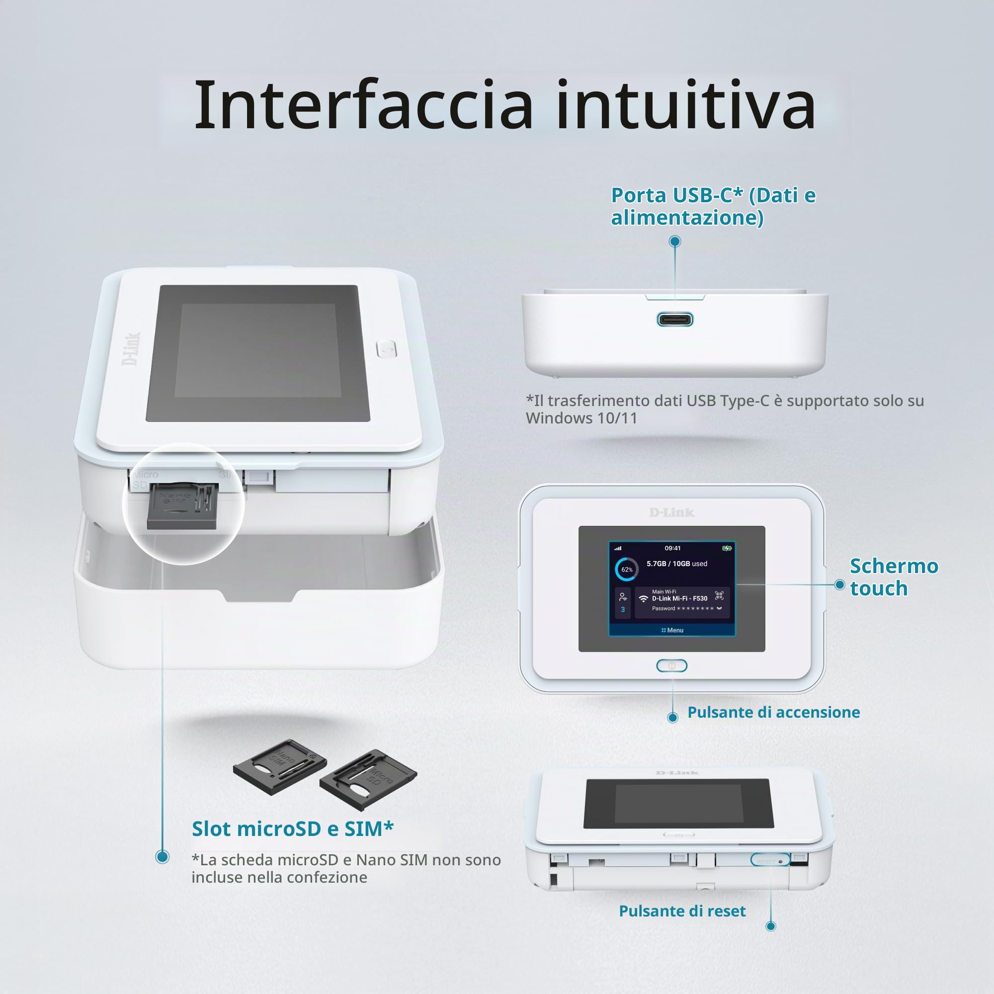 D-Link F530 Hotspot Mobile 5G NR AX3000 Wi-Fi 6, Router 5G Portatile fino a 7,01 Gbps, Touchscreen 2,4", 32 Dispositivi, Batteria 5260 mAh, USB-C PD, microSD, Slot SIM